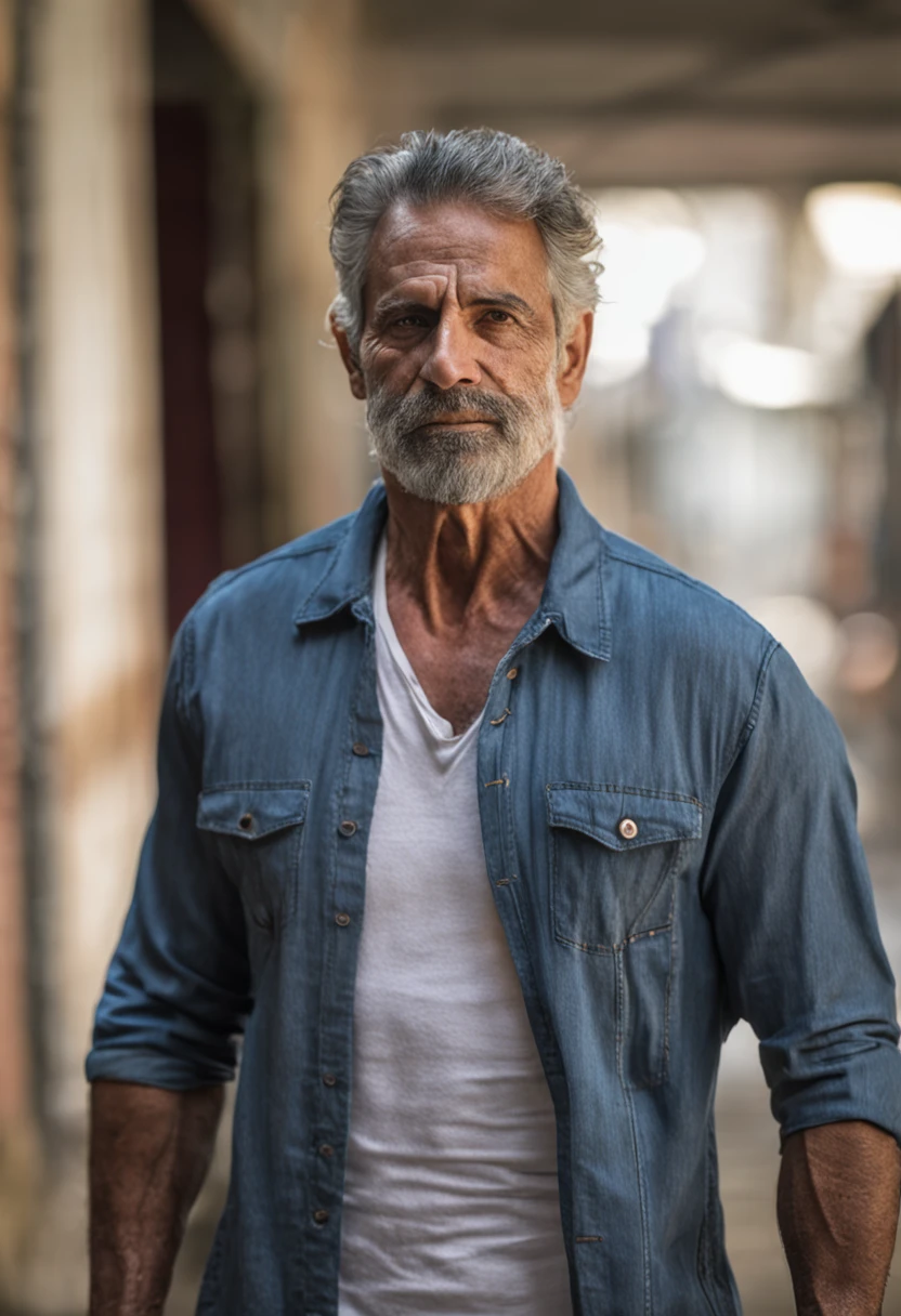 (Mais alta qualidade, detalhes surpreendentes: 1.4), obra-prima, personagens originais, Natural volumetric lighting and better shadows, profundidade de campo profunda, foco clear, Portrait of man 45 years incredibly beautiful muscles, corpo inteiro, belo rosto viril, barba, atraente com olhos claros, sorriso sedutor, cabelo cinza curto desgrenhado, camisa branca apertada, jeans, (messy painted body: 1.05), (fundo de rua com lojas: 1.15), hospital, (arms down 1.2), bandaged broken arm, pitoresco, Overexposure, fotorrealismo, fotorrealista, nsfw, sexy,, clear, focado, centrado, sensual, HD, 8k, DSLR, RAW