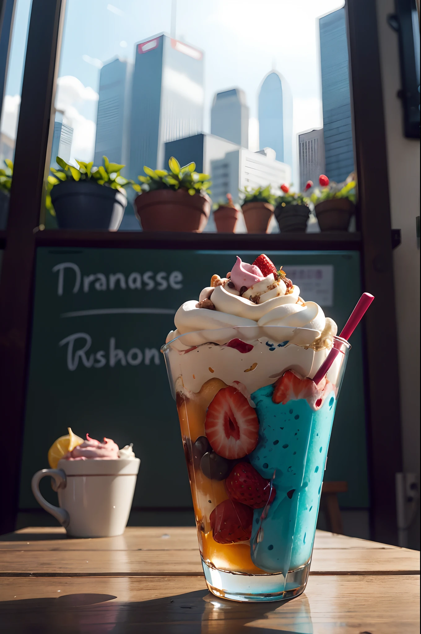 (masutepiece), (Anime style), Shot from below, awardwinning, an extreme closeup shot, Centered, focused shot, Instagram able, Strawberry Ice Cream Sundae, Put mint leaves on top,cafe interior, Afternoon city park background, Dynamic lighting, depth of fields, ultra-detailliert, (epic composition, epic proportion), 2D Illustration, the panorama, professional work, By Shinkai Makoto,