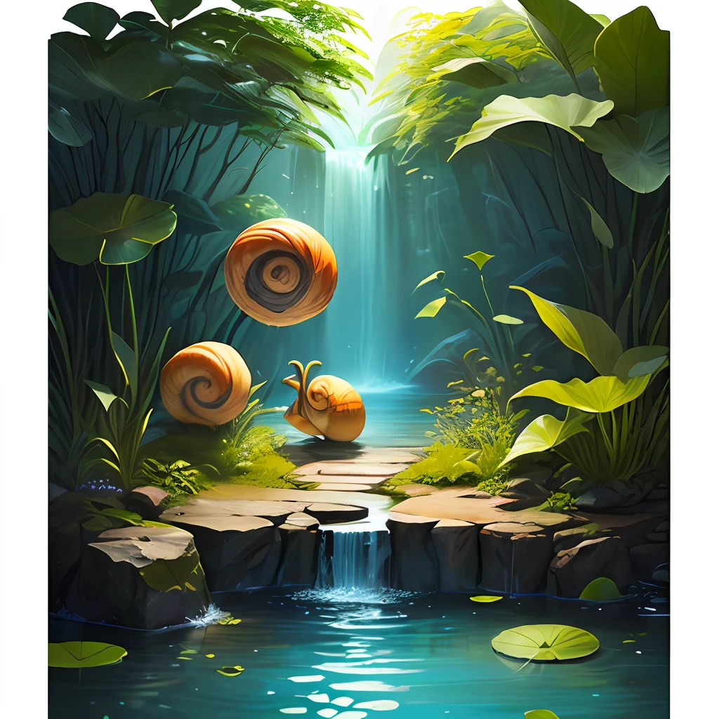 2d game background，Small shallow pool，snail，Lotus leaf，depth of fields，hand painted style，planar，popup book