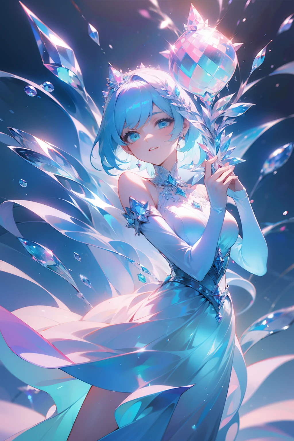 (((water)))，crystal，crystal sphere，A woman of outstanding figure，Wear a beautiful princess dress，Leaking out of both shoulders，jewely，high definition detail，Amazing work，Vitreous luster,((clean backdrop))，High gloss，in pink，blue colors，green color，red colour