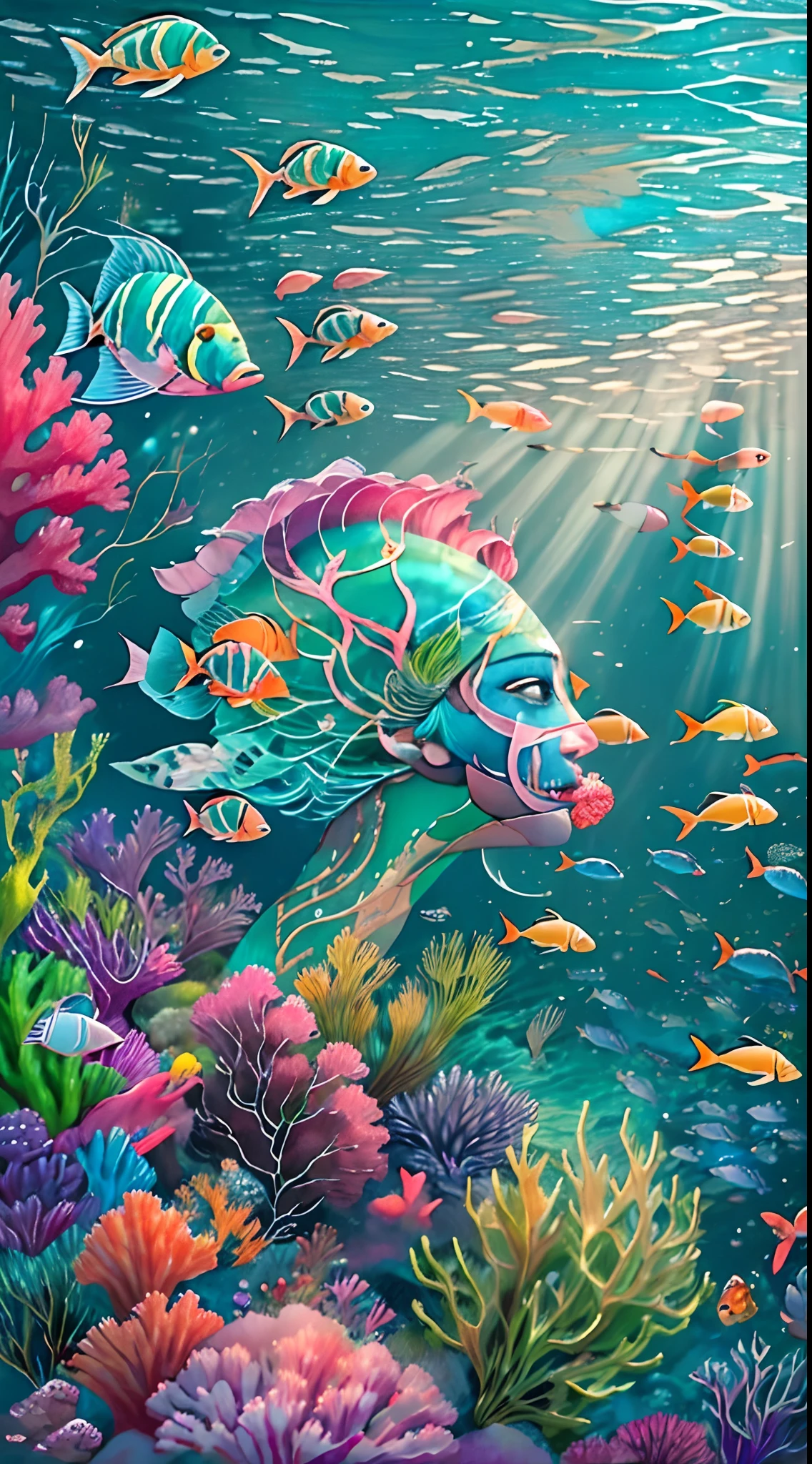 Conceptual art of marine life, Undersea landscape, Marine life，Beautiful coral reefs come in different shapes，3D，Fish, Female animated fantasy illustration. Long white hair scattered in the sea, Drift, Very harmonious. The whole painting adopts a messy and imaginative painting style. The colors are bright and saturated, line sleek. The mystery and beauty of the ocean, The painting depicts an underwater world full of life and vitality, Animated art wallpapers，8 k