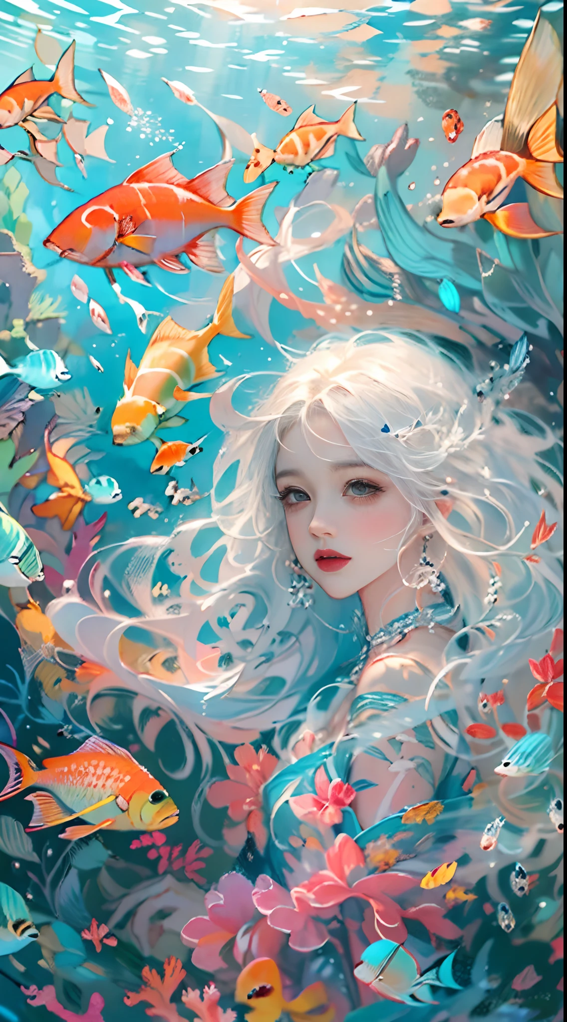 Conceptual art of marine life, Undersea landscape, Marine life,Beautiful coral reefs come in different shapes,3D,Fish, Female animated fantasy illustration. Long white hair scattered in the sea, Drift, Very harmonious. The whole painting adopts a messy and imaginative painting style. The colors are bright and saturated, line sleek. The mystery and beauty of the ocean, The painting depicts an underwater world full of life and vitality, Animated art wallpapers,8 k