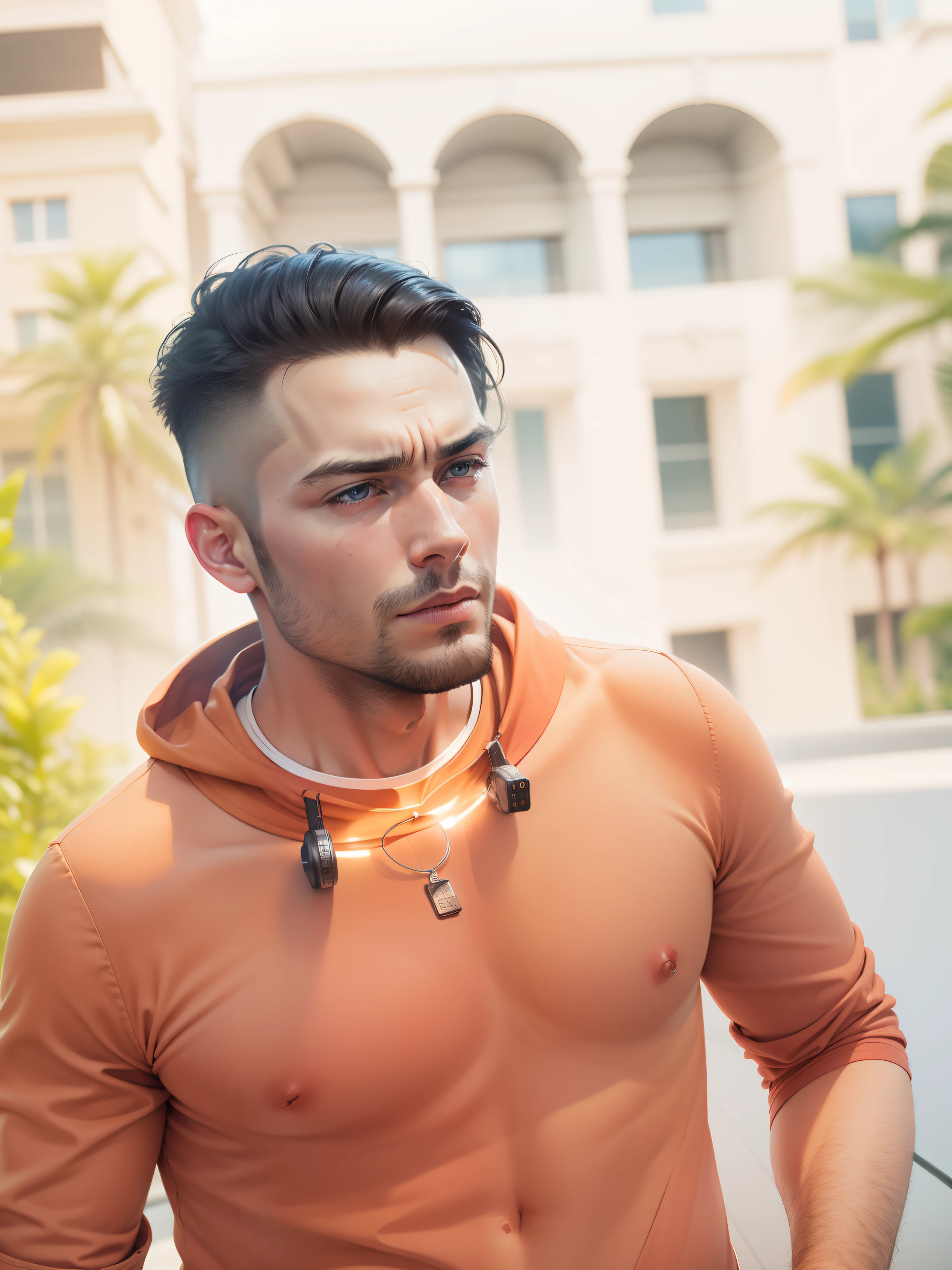 a beautiful criminal man looking at the viewer, background sunset, masterpiece, high saturation, best quality, floating, dynamic angle, look at the viewer, pretty face, flowing hair, delicate and beautiful eyes, finely detailed skin, soft lighting, sharp focus, detailed face, 4k, cinematic lighting, facial-symmetry