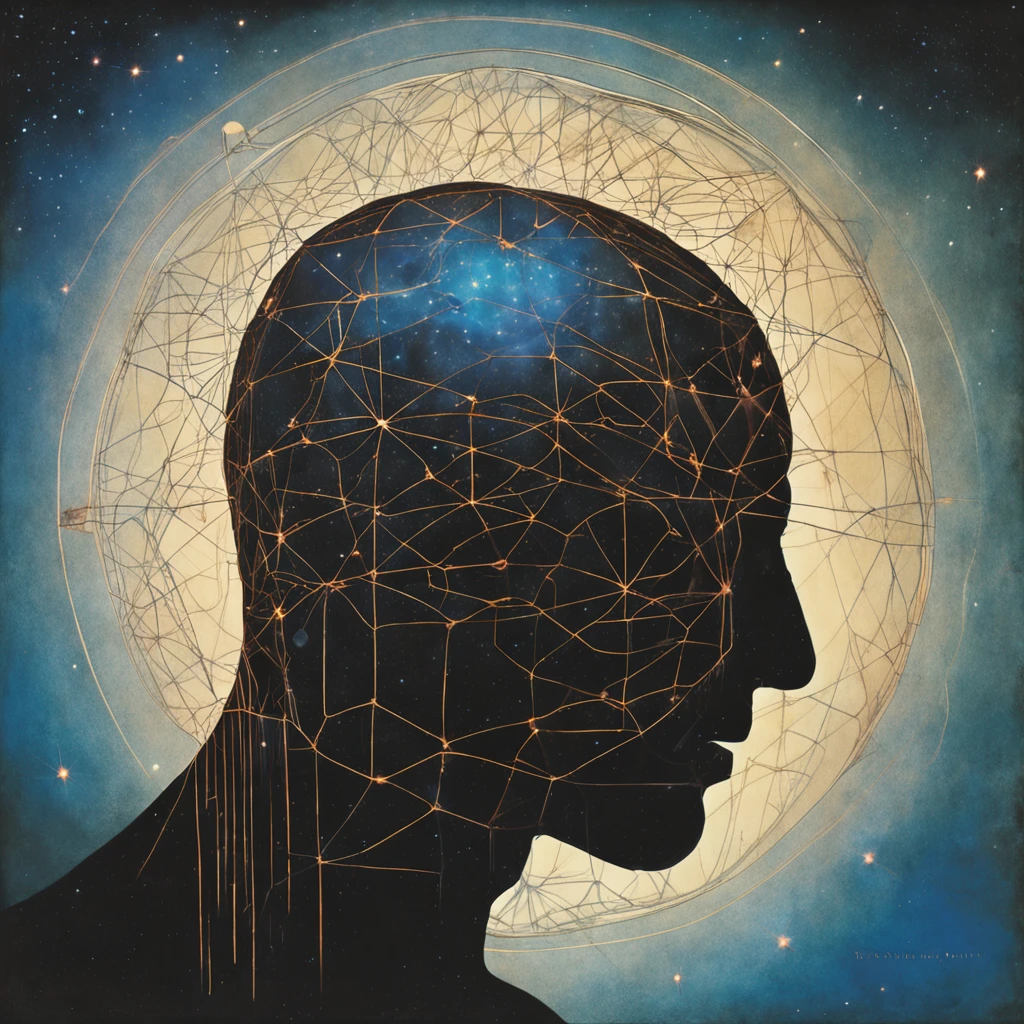 a painting of a silhouette of a human brain or head, with lines that represent paths or connections, symbolizing evolution and growth before a sky full of stars, cosmic entity, Beksisnski, portal to the ethereal realm, astral projection, ascension, portrait of a cosmic entity, astral appearance, emanando com aura azul, Viagem Astral, portal 3, um ser interdimensional, Transcendente, cosmic enlightenment, Wojtek Beksinski MacManus com asas douradas simulando um livro