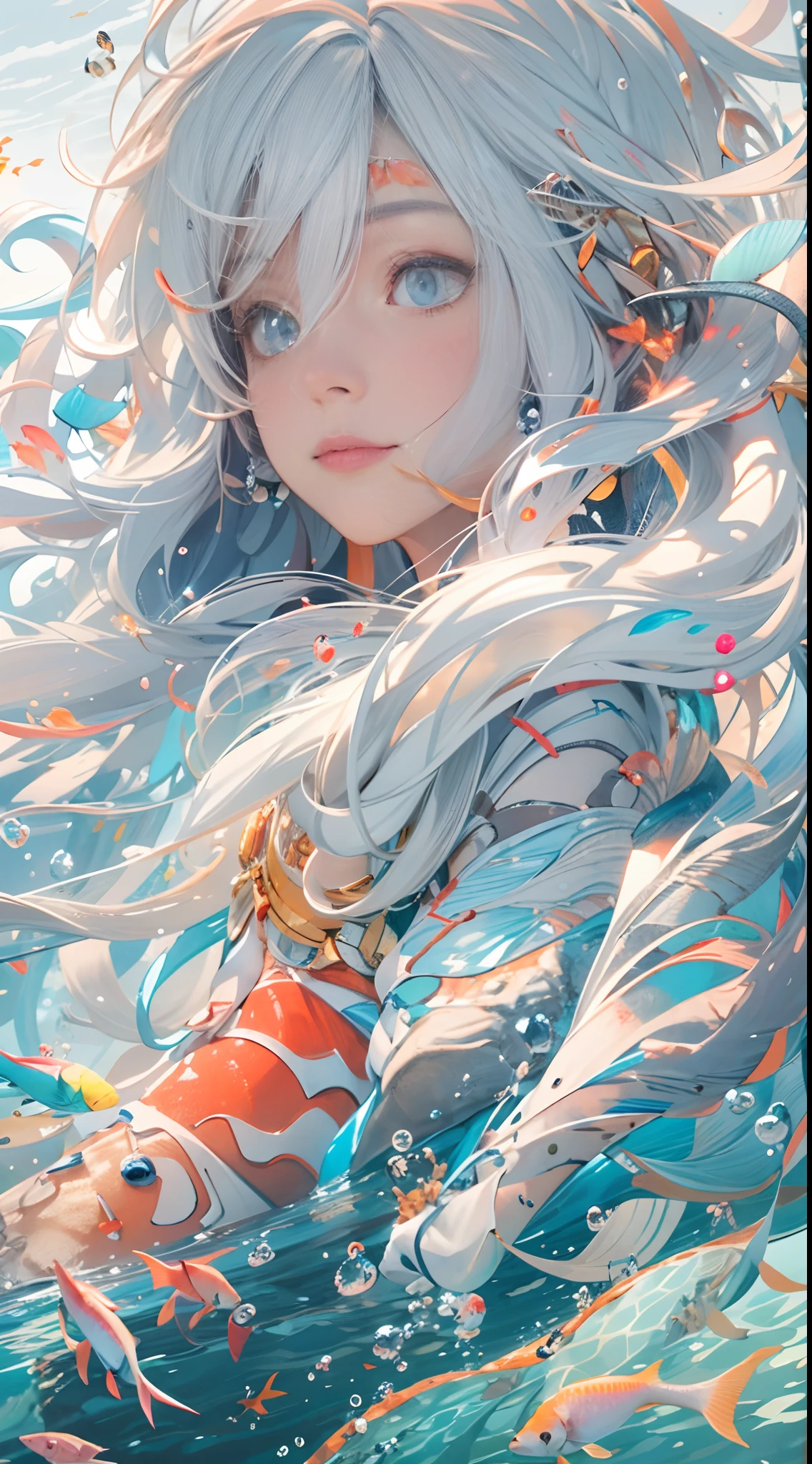 Conceptual art of marine life, Undersea landscape, Marine life,Beautiful coral reefs come in different shapes,3D,Fish, Female animated fantasy illustration. Long white hair scattered in the sea, Drift, Very harmonious. The whole painting adopts a messy and imaginative painting style. The colors are bright and saturated, line sleek. The mystery and beauty of the ocean, The painting depicts an underwater world full of life and vitality, Animated art wallpapers,8 k