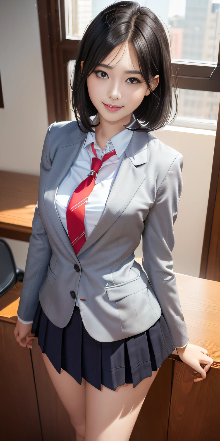 anime, realistic woman anime style, 18 years old, only 1 woman, slim complexion, (open gray blazer, ribbon, 30% folded miniskirt, knee socks, private school uniform: 1.2), executive classroom, beautiful detail in the eyes, (eye size: 3/4) light on the face, ((full body photo: 1.2)), especially strong light, (upper eyes, smiling smile: 1.2), shiny skin, (((black hair , bob hair: 1.2))), (thighs), ulzzang-6500-v1.1: 0.2, bashful, (flash: 1.2), NSFW , ((seductive pose: 1.2, attractive: 1.2)), (idle), (((sitting at an Executive table))), ((good anatomy)), ((bright and refreshing elegant room, blurred background: 1.2)), perfect face, cute and symmetrical face, (showing silk thong) , (High Angle Shot: 1.2)s., Natural side lighting, ((RAW photos, superior quality, masterpieces)), High Definition RAW color photos professional close-up photos, ((((realistic, photorealism)))) , (highest quality), (best shadows), (best illustrations), Clavicles ((large)), ((erotic, sexy, ultra-high-resolution, Wallpapers, Physical representation, movie lighting)), Canon EOS R50 camera 50mm lens, (((intricate details)))