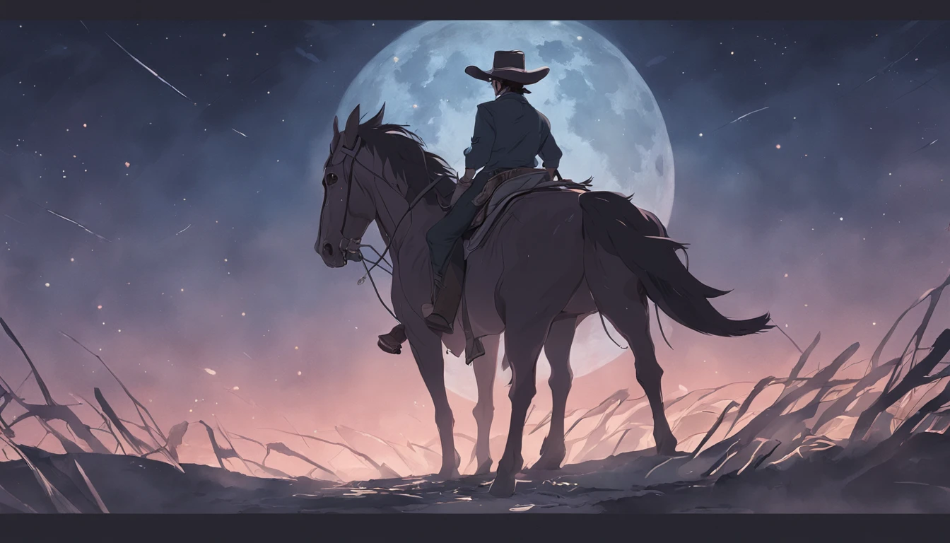 There is a man on a horse in front of a full moon, Andar a cavalo na lua, Vaqueiro, Cowboy na Faixa, Foto traseira de um cowboy, No Velho Oeste, O Cowboy no Estranho Oeste, Velho Oeste, Lone guard, sonho de Vaqueiro, quadrinhos ocidentais inspirados, lonely rider, Directed by: Cíntia Wright, space western, Fotografia Moonwalker
