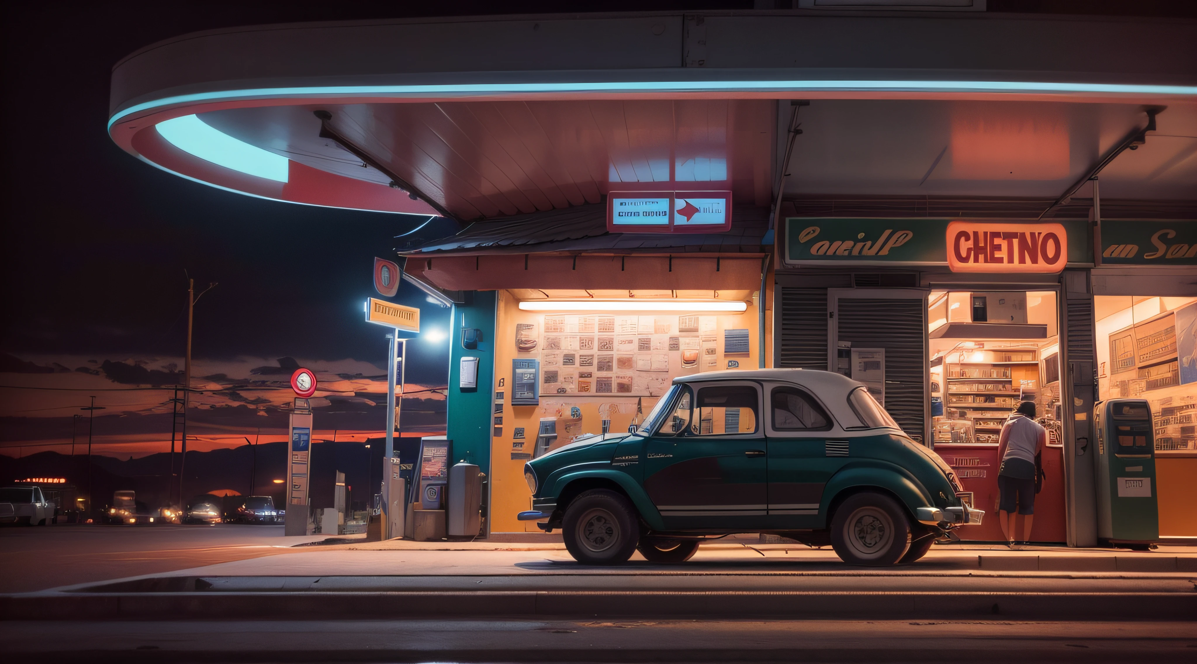 : Em uma estrada desolada, A classic gas station stands out. ao lado, a motorhome is parked, and people gather around. A noite se instala, and the lights of the station and the vehicles illuminate the darkness, criando uma aura convidativa. The scene conveys a sense of connection and warmth in the middle of the night. Capturado por Rafael Silva com uma Canon EOS R6 e uma lente 35mm, The lighting is cozy and enhances the friendly atmosphere