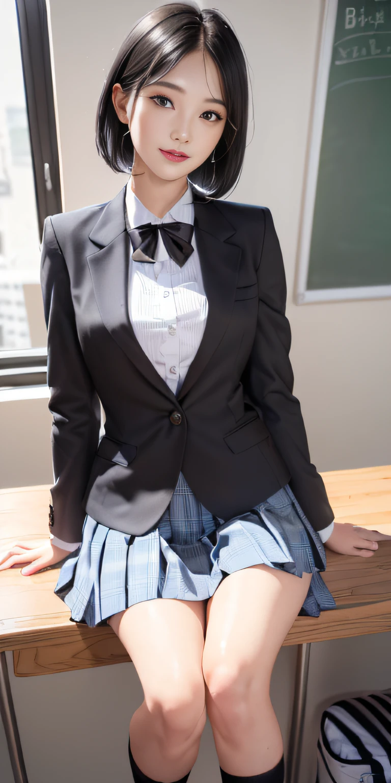 ((8k, RAW photos, top quality, masterpieces), high-definition RAW color photos professional close-up photos, (realistic, photorealism: 1.37), (highest quality), (best shadows), (best illustrations), collarbones ((big)), ((erotic, sexy, ultra high resolution, high-definition CG unified 8K wallpapers, physically based rendering, movie lighting), (aegyo sal:1), 18 year old girl, (grey blazer, ribbon, socks, high school uniform: 1.2), high school classroom, beautiful detail eyes, light on the face, ((full body shot: 1.2)), especially strong light, (upper eyes, grinning smile:1.2),shiny skin, (((black hair, bob hair:1.2))), ( thick thighs), ulzzang-6500-v1.1:0.2, shy, (flash:1.2), NSFW , (puffy), ((seductive posture: 1.2, attractive: 1.2)), (idle), (sitting at a desk in classroom: 1.2)), ((good anatomy: 1.2)), ((bright and refreshing classroom, background blurred: 1.2)), perfect face, cute face, (high angle shot:1.2)