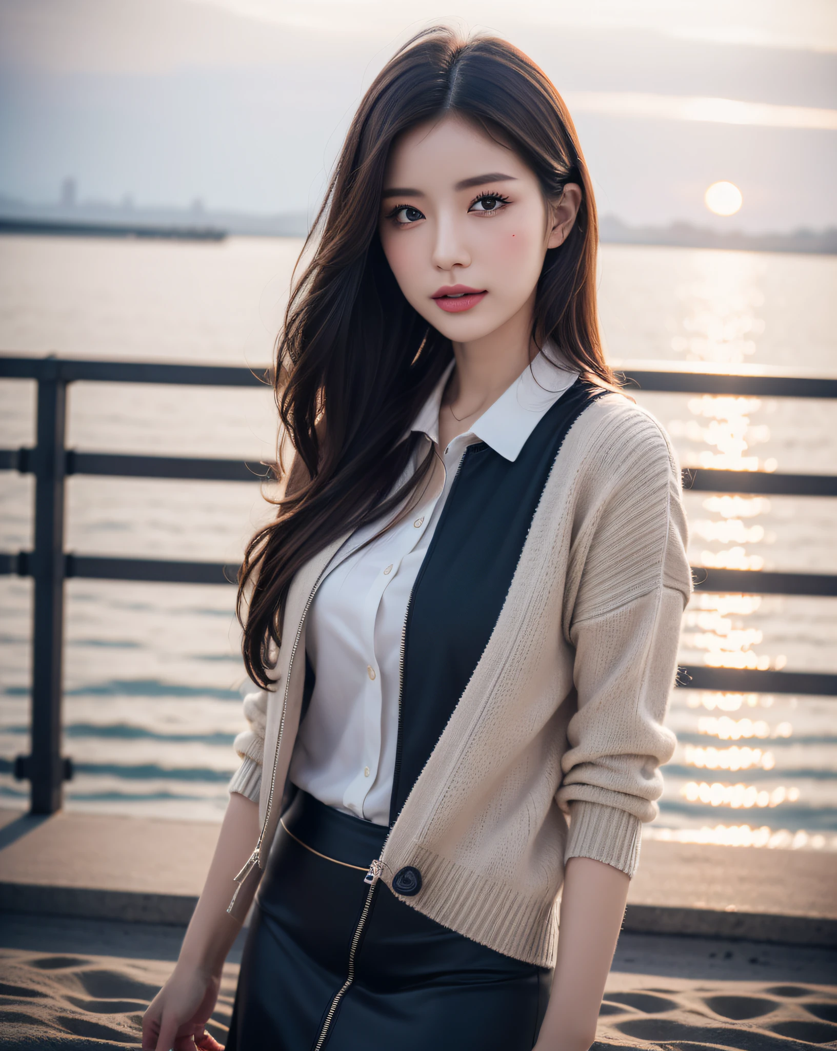 (Best quality, 8k, 32k, Masterpiece, UHD:1.2), (realistic:1.5), (masterpiece, Extremely detailed CG unity 8k wallpaper, best quality, highres:1.2), (ultra detailed, UHD:1.2), (face focus:1.3), Photo of extremely cute and beautiful Japanese woman, (mahogany wavy thin hair:1.2), adult, (detailed beautiful girl:1.4), best quality, woman, adult, best quality, masterpiece, (1girl:1.37, solo), Beautiful face, (photo realistic:1.3), rim lighting, (high detailed skin:1.2), 8k uhd, dslr, high quality, high resolution, 4k, 8k, Bokeh, absurdres, best ratio four finger and one thumb, (realistic:1.3), cute 1girl, wearing a detailed formal news caster outfit:1.5, blue zip-up cardigan:1.3, black flared skirt:1.3, medium-large breast:1.25, blue ocean view, white sand beach, sunset, wind