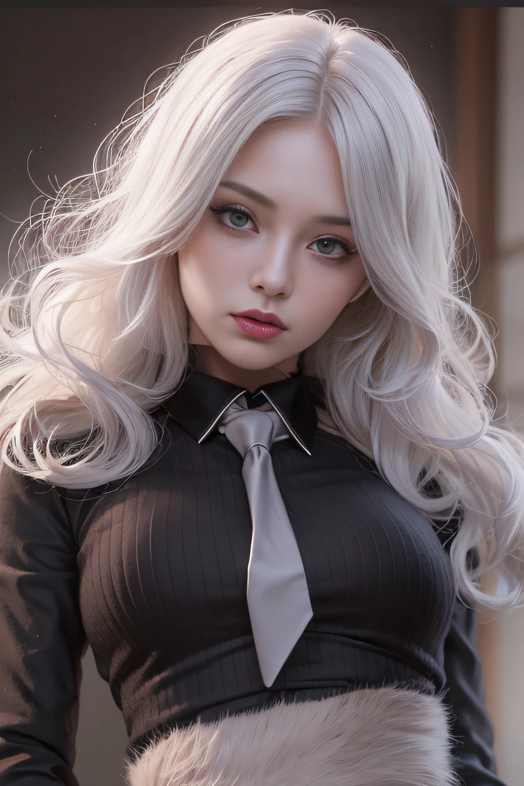 Photorealistic, high resolution, 1 Women, Solo, Hips up, Beautiful eyes, White hair, ringed eyes, Collared shirt,black necktie,Black skirt, pencil skirts, Fur coat, black lence stockings
