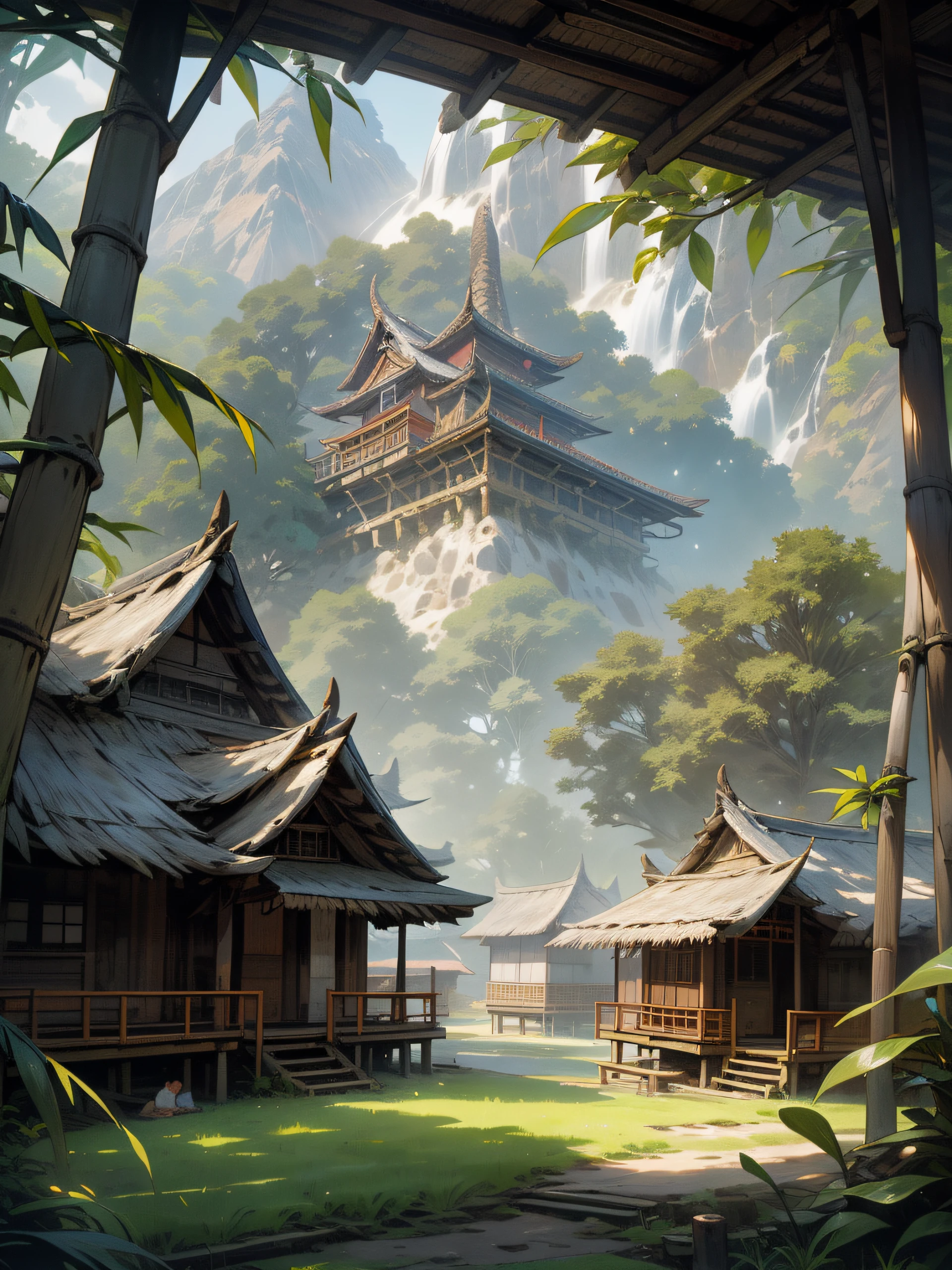 a group of huts in a field with mountains in the background, tribe huts in the jungle, huts, hut, thatched roofs, bamboo huts, indonesia national geographic, indonesia, thatched houses, pexels contest winner, village, traditional art, scenery, vibrant and vivid, abandoned japaense village, aenami alena