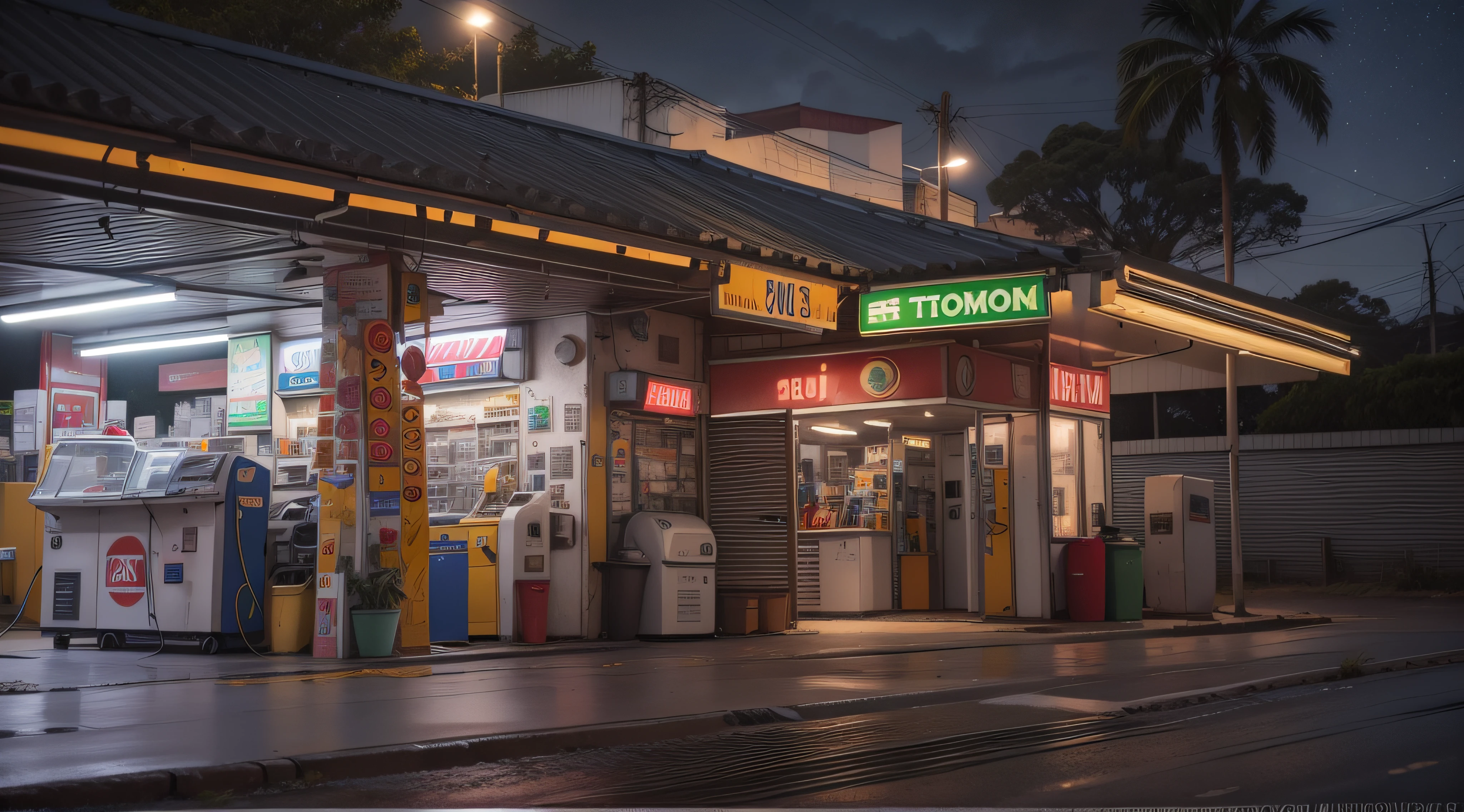 : Em uma estrada desolada, A classic gas station stands out. ao lado, a motorhome is parked, and people gather around. A noite se instala, and the lights of the station and the vehicles illuminate the darkness, criando uma aura convidativa. The scene conveys a sense of connection and warmth in the middle of the night. Capturado por Rafael Silva com uma Canon EOS R6 e uma lente 35mm, The lighting is cozy and enhances the friendly atmosphere