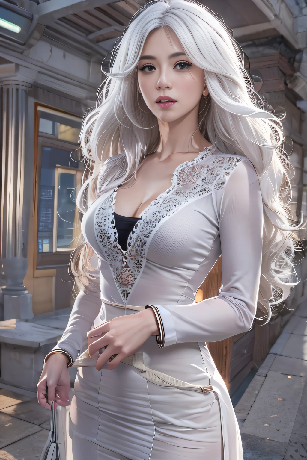 Award-Awarded, Super detail, Anatomically correct, hyper HD, retinas, Masterpiece, Textured skin, ccurate, High details, Best quality, A high resolution, High quality, 8K,Photorealistic, high resolution, Soft lights, 1womanl, Shiny skin, Fine fine skin, Solo, Hips up, view the viewer, (Detailed face), White hair, Long hair, doctor outfit, blouse