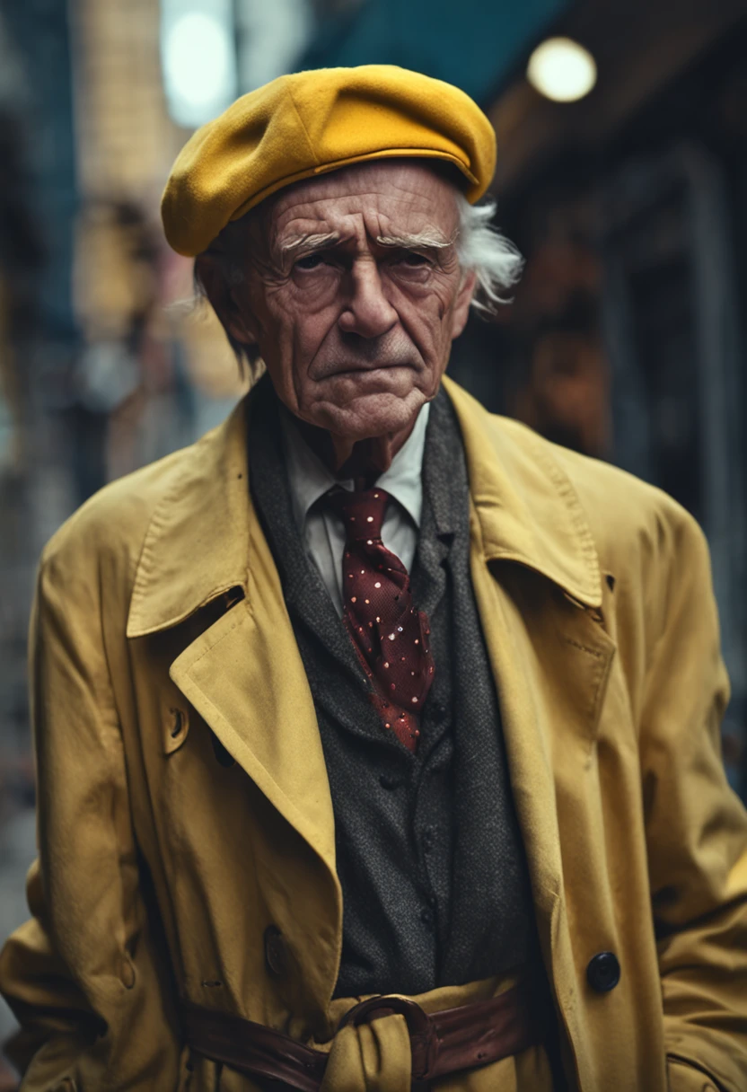 Old man, yellow baret, trench coat