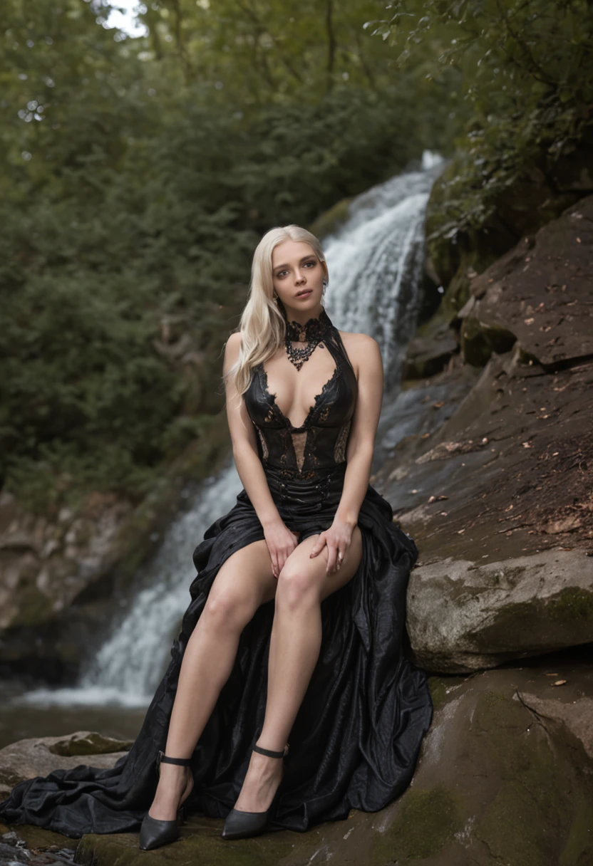 Mujer hermosa rubia, hasta las caderas en una cascada, Realistic representation of fantasy in a waterfall, Pintura mate retrato foto, realistic fantasy photography, minifalda de piel, Medias negras con ligas, chaqueta de latex, Black stiletto heels, Imagen desde arriba
