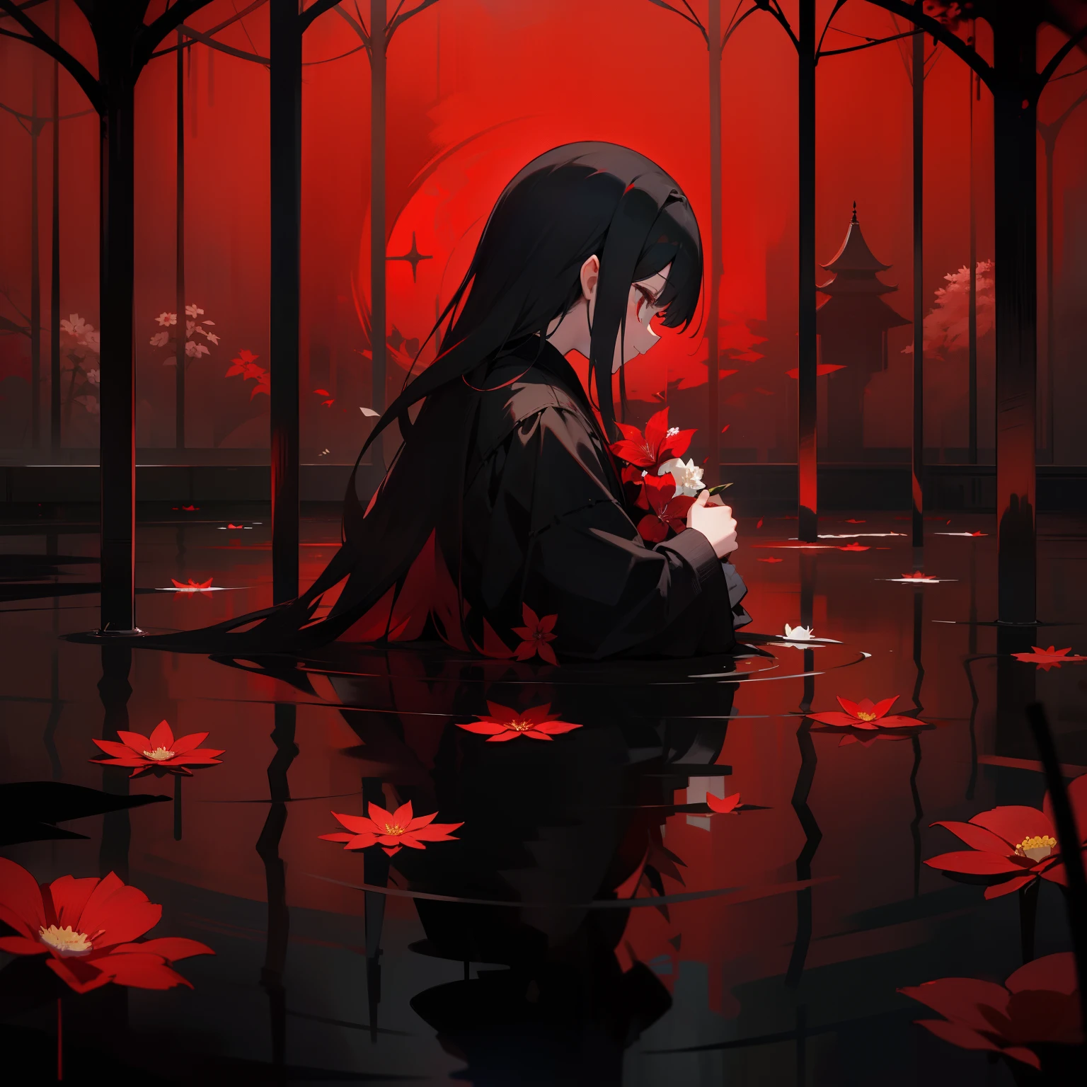 (mid shot:0.95), (full body:1.25), Dynamic angle, [Bottle bottom], (official art), extremely delicate and beautiful, 2d, (fantasy), depth of field, solo, a beautiful detailed girl, solo, (1girl:1.3),solo,//( long black hair),sidelocks,(Medium breasts), ((Perfect body)),//(Beautiful detailed black eyes: 1.3)//, //(kimono:1.3)//, (seiza:1.3),(half-closed eyes:1.2),Lycoris radiata, [(((the nether world))),(dark:1.8),(in_the_river:1.2),on (blood_water:1.1),(red_river),((underworld)),(equinox flowers),(fog),blood_splatter, blood_river,(red_flower:1.2),(blood_wavy:1.3), (spider_lily:1.3), (sanzu_river:1.1),(ghosts,blue_fire:1),(ripples:1),(paddle:1),((surrounded by beautiful detailed spider_lily)),shiny,Stone lamp,river,(skull:1.3)]//, (broken screen:1.2), (transparent glass)/=(Crack), [colorful ink flowing], (chromatic aberration with strong rim light, glitch), depth of field, double exposure, tyndall effect, colorful refraction, visual impact, dynamic angle, best quality --auto