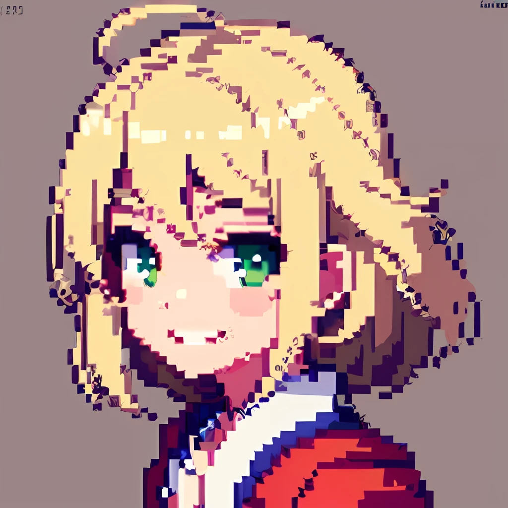 hcnone, pixel art, (high quality), (ultra detailed) ,masterpiece, pixel, 1girl, portrait, beige blonde hair, green eyes, petite, small chest, face only, looking at viewer, profile picture, smile, grin, tsundere, ahoge, anime style, simple background, grey background, (0profile picture)