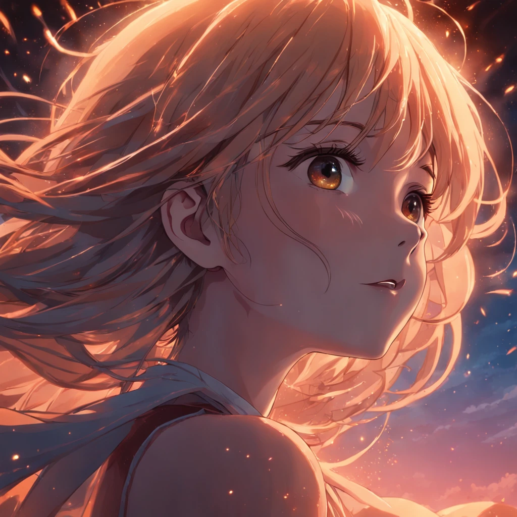 obra-prima, melhor qualidade, filme ainda, 1women, mulher triste, floating into the sky, close-up, brilhante,triste, Soft lighting and Warm, sun sunset, (Sparks: 0,7)