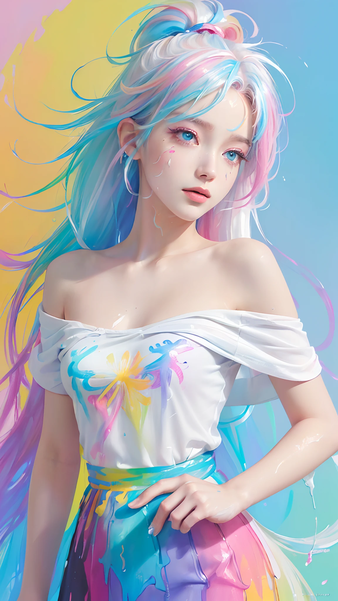 (Pink Fashion T-shirt:1.9),(Colorful hair: 1.8), (all the colours of the rainbow: 1.8),(((((vertical painting:1.6))), (painting:1.6),front, comics, illustrations, paintings, large eyes, crystal clear eyes,( rainbow color gradient high ponytail:1.7), exquisite makeup, closed mouth,(Small Fresh: 1.5),(Wipe Chest: 1.6) ,long eyelashes, white off shoulder T-shirt, White Shoulder Shirt,looking at the audience, large watery eyes, (rainbow colored hair:1.6), color splash, (solo:1.8), color splash, color explosion, thick paint style, messy lines, ((shining)),(colorful), (colorful), (colorful), colorful, Thick Paint Style, (Splash) (Color Splash), Vertical Painting, Upper Body, Paint Splash, Acrylic Pigment, Gradient, Paint, Highest Image Quality, Highest Quality, Masterpiece, Solo, Depth of Field, Face Paint, colorful clothes, (Elegant: 1.2), gorgeous,long hair, wind, (Elegant: 1.3), (Petals: 1.4),(((masterpiece))),(((best quality))),((ultra-detailed)),(illustration),(dynamic angle),((floating)),(paint),((disheveled hair)),(solo),(1girl) , (((detailed anima face))),((beautiful detailed face)),collar,bare shoulders,white hair, ((colorful hair)),((streaked hair)),beautiful detailed eyes,(Gradient color eyes),(((colorful eyes))),(((colorful background))),(((high saturation))),(((surrounded by colorful splashes))),