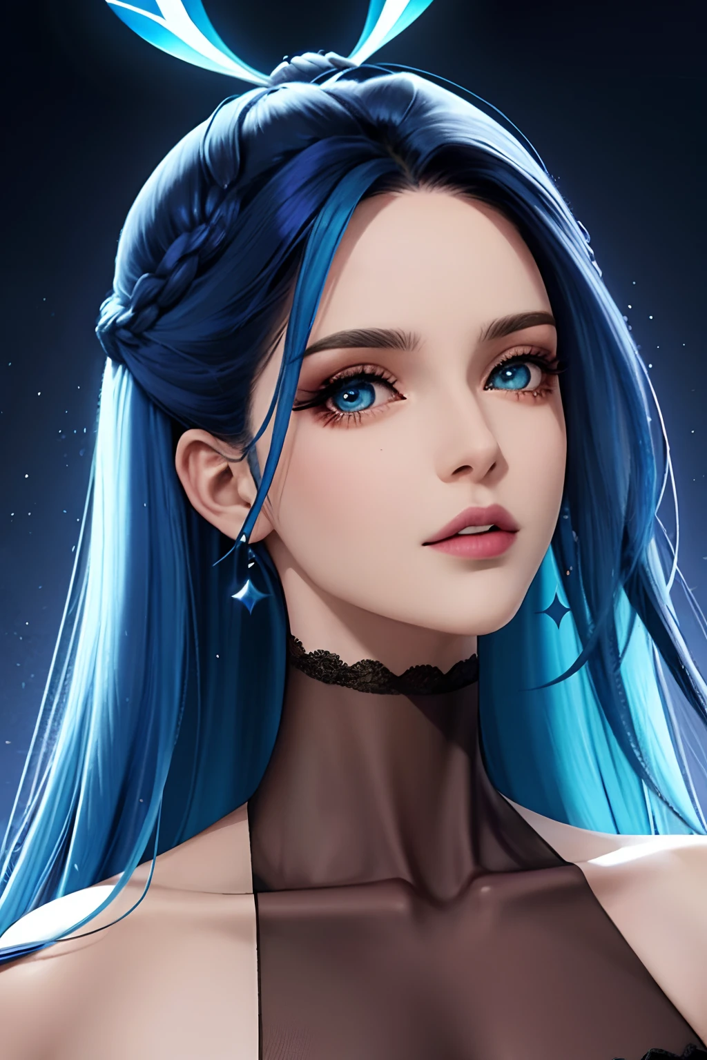 obra-prima, melhor qualidade, alta qualidade, highes definition, textura de alta qualidade, sombra de alta qualidade, alto detalhe, realista, cinematiclight, side-lighting, reflexo de lente, rastreamento de raio, foco nítido, mulher de pele clara, olhos azuis, cabelo comprido e colorido, ((azul escuro na raiz)), ((ciano nas pontas)). Roupa com estrelas, Technological, azul, corpo perfeito, mulher perfeita, rosto perfeito.