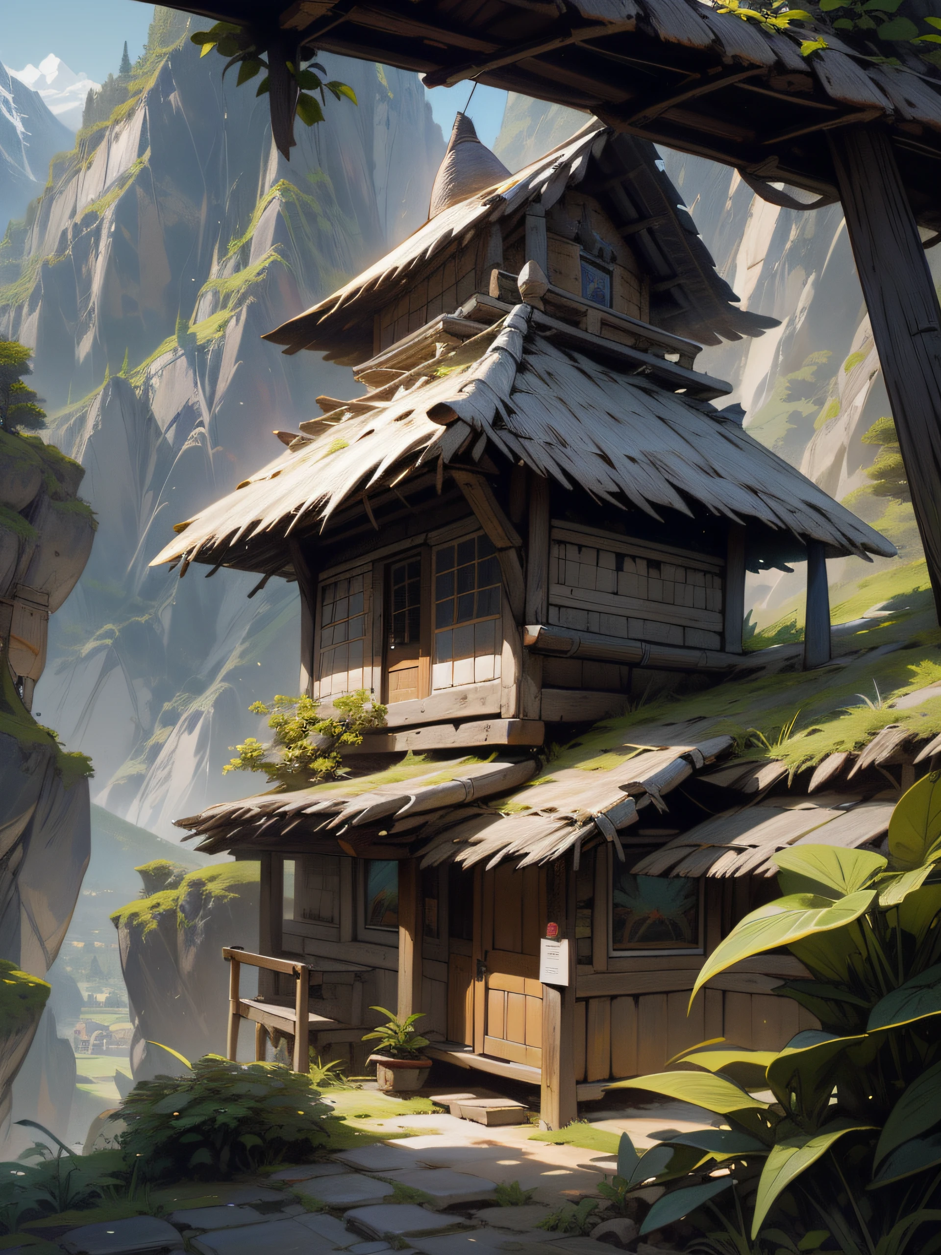 a view of a small hut with a thatched roof in a mountainous area, thatched roofs, quechua!!, neo - andean architecture, neo-andean architecture, quechua!, by Charlotte Harding, huts, hut, thatched houses, by Randy Post, by Samuel Scott, by Matteo Pérez, tribe huts in the jungle