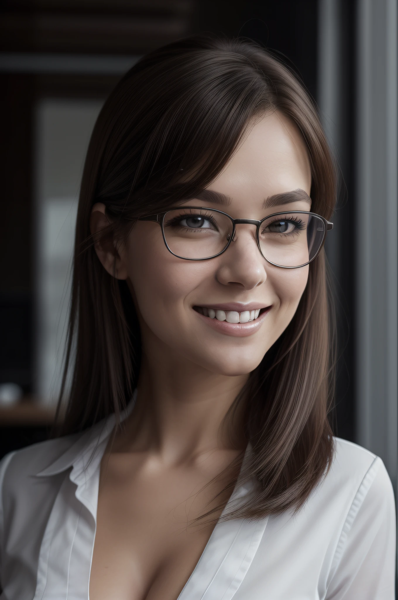 workplace professional, standing in an office, glasses, shy smile, professional clothing, Drink coffee，best qualtiy，realistic，ultra - detailed, A high resolution, extremely detaile, Extremely refined and beautiful, profesional lighting, light in face, depth of fields, single focal, full body, Long legs,30 year old，(brown hair：1.2），hair natural，Brown eyes，small heads，medium boobs，Beautiful eyes，photorealiscic face，Realistic skin，Detailed eyes，Detailed facial features，detailed clothes features，dynamicposes，looking at viewer，simple backgound，smile，Full body shot:1.1,Full body shot,ultra very long shot,in a panoramic view