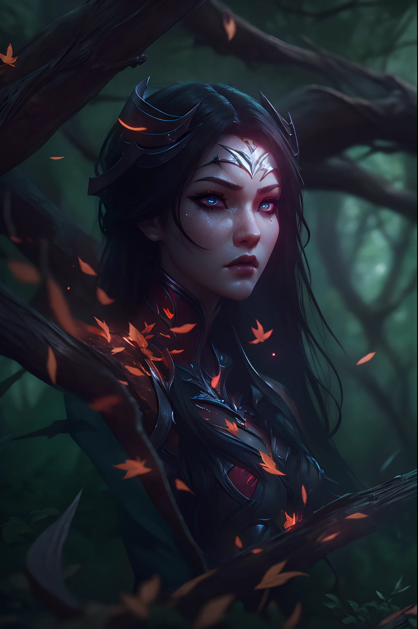 (full face), (очень Dетализированные обои CG unity 8k), (beste-Qualit), (best illustrations), (best shadows), (Gray gloomy background, Dark Forest. Gloomy and hopeless, Dark dramatic lighting, vignette), Realistic eyes, beatiful face, Beautiful Irelia, 1girl, 独奏,  ((perfect anatomy)), A surge of dark magic, gotik, Burnt orange gradient, surrounded by tender leaves and branches, with fireflies and glowing particle effects, (Natural elements), (leaves), (twigs), (Fireflies), Butterflies, (Tender leaves), (Glow), (particle fx). , Fantasy art, bokeh, Octane rendering, ray traced, overdetalization. terror, terrific, Creepy, Scarimok a sense of sophistication and tranquility. The overall aesthetic should be sleek and stylish, which makes it suitable for branding and logo.