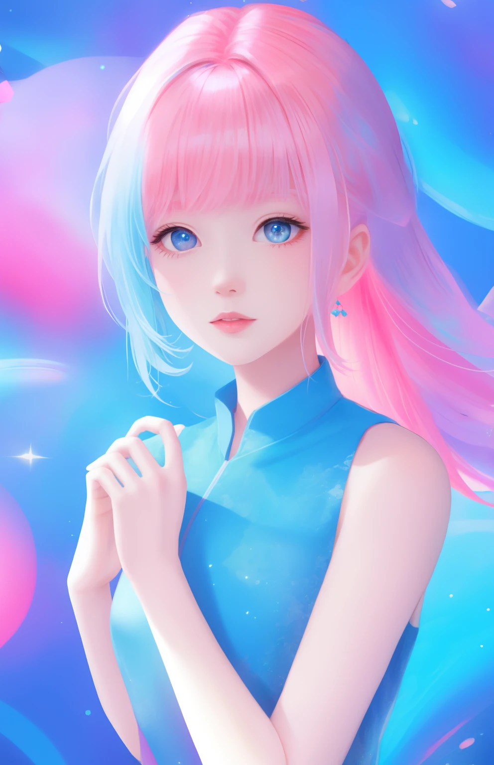 Kizi，short- sleeved，universe background，the detail，High gloss，blue colors，In pink，cyan colors，red colour