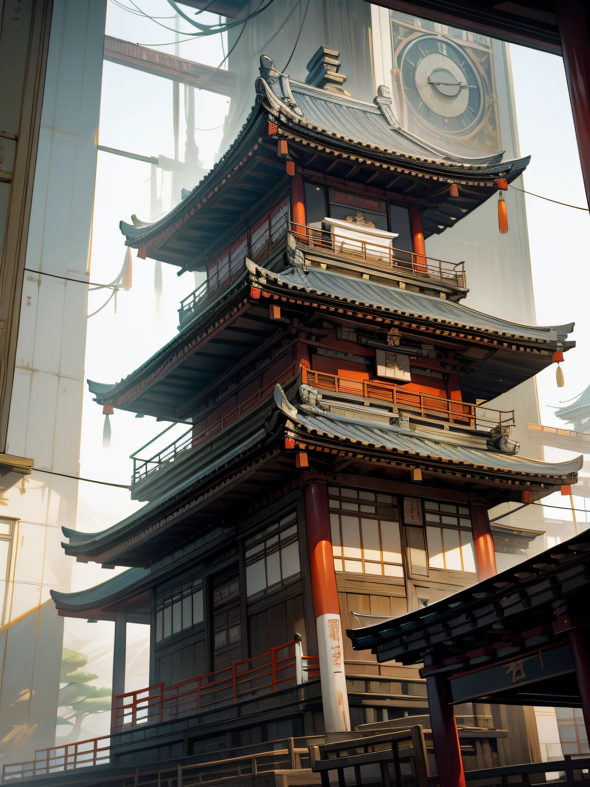 a close up of a tall white building with a clock on top, japanese temples, japanese heritage, japanese architecture, ancient japanese architecture, by Kanō Tan'yū, intricately detailed buildings, japan travel aesthetic, japanese temple, european japanese buildings, edo japan, by Shiba Kōkan, inspired by Kanō Naizen, edo period