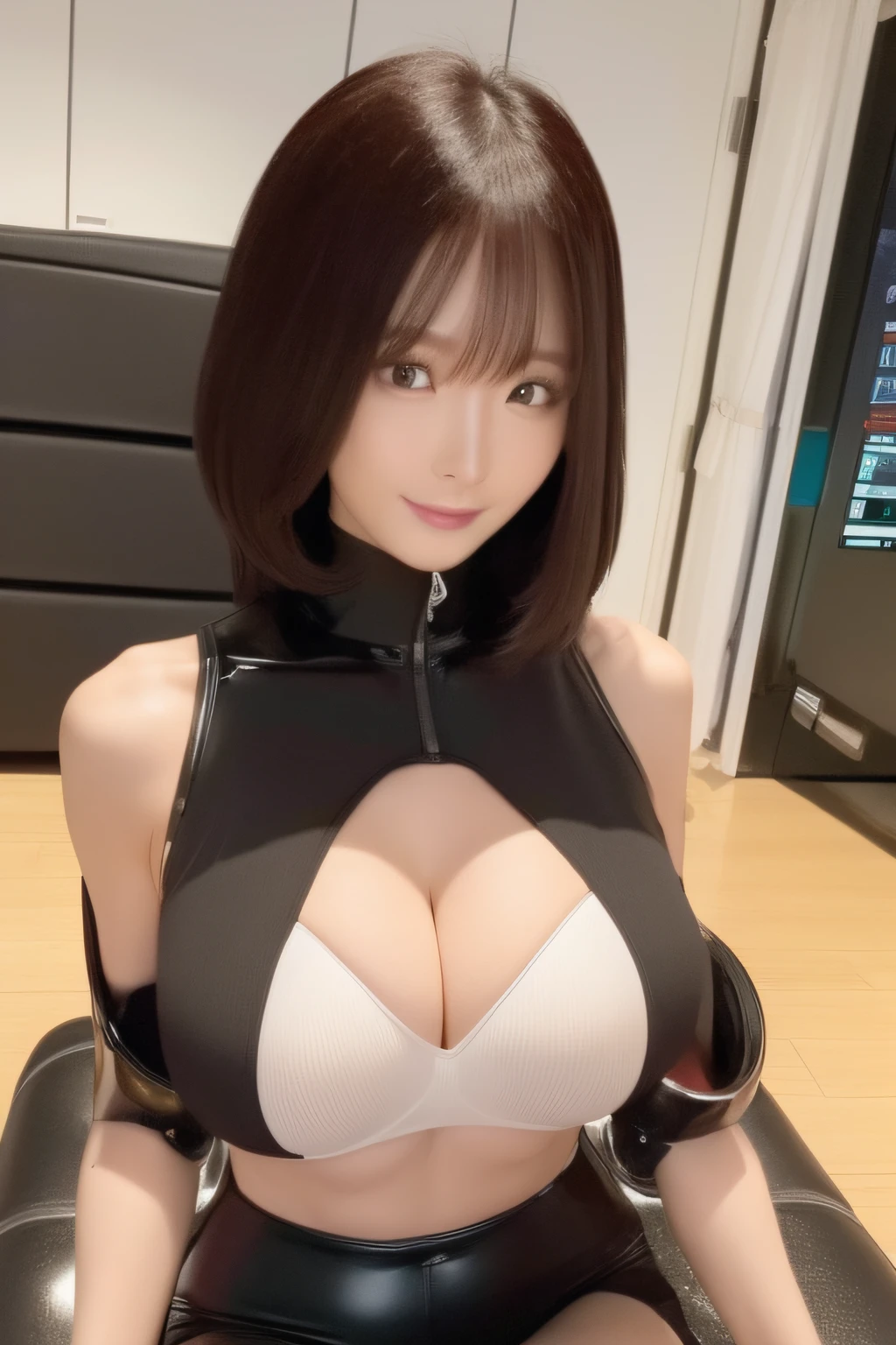 Ultra realistic 8K CG、(Future:、erfect artwork、masterpiece、Futuristic cities、futuristic era、mechanic、Fantasia)、((细致背景)) Sexy 20 year old asian female muscular cyborg new model、stunningly beautiful、sitting on、is looking at the camera、Wavy shiny hair with black bob cut、50mm portrait、Soft curves、cybernetic perfect body、Perfect Abs、。.。.。.3D、ultla realistic、San