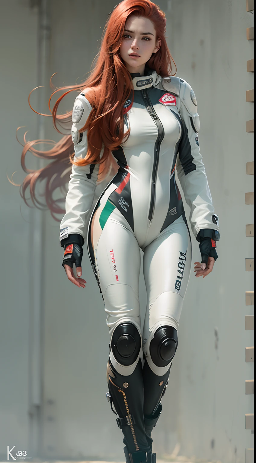 hard breasts, redhead, red hair, freckles, long straight hair, European youth, perfect body, (perfect body), motorbike pilot suit, fashion photorealism, photography, sharpness, unique 850 4, koda850 k portrait camera, f1.6 lens, rich color, hyperrealistic texture, spectacular light texture, surreal art, Cinestil 800 fashion mechanism, full body view