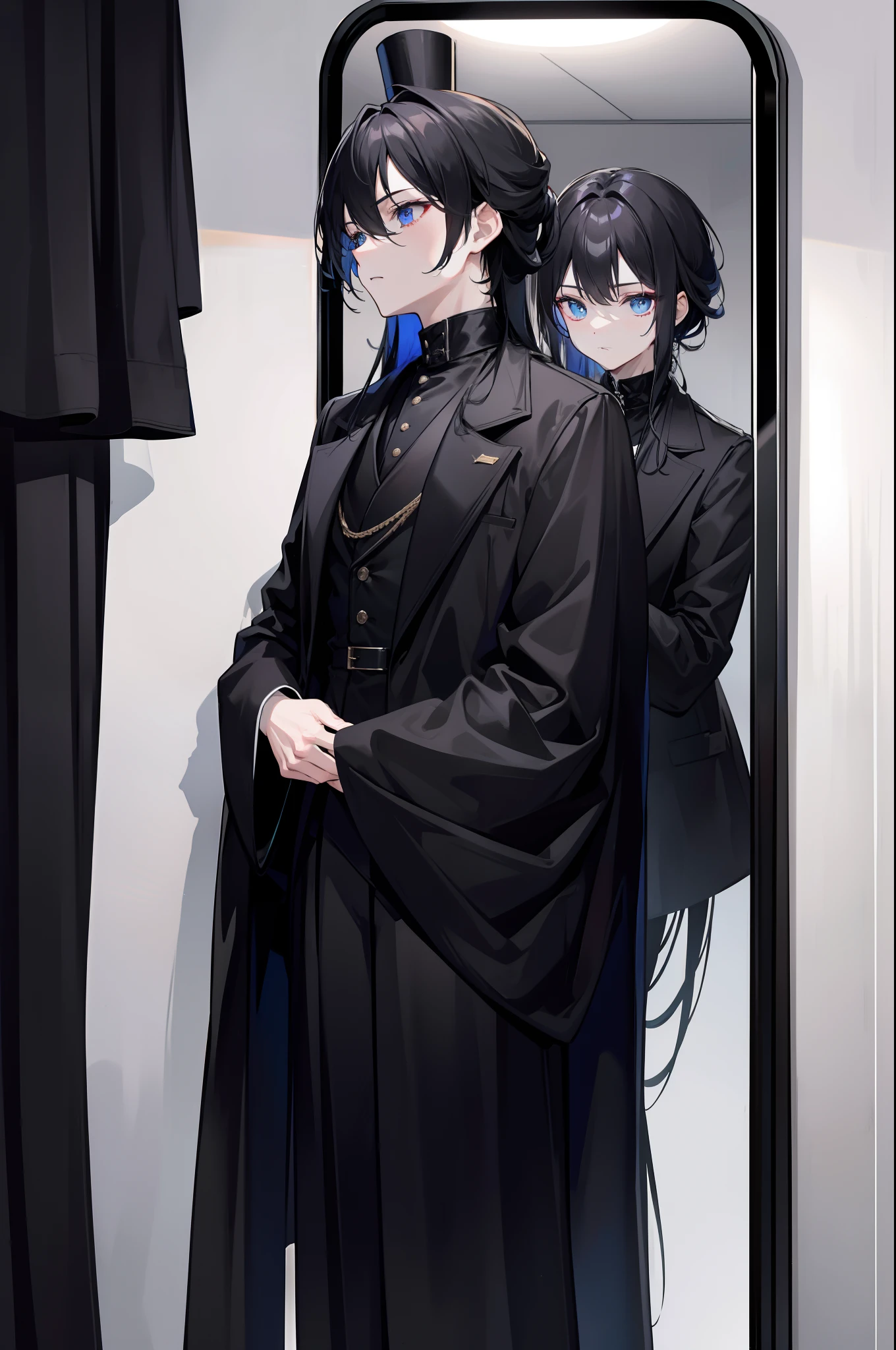 In the mirror there is a man looking at himself, full body profile, , 8k photograph, Male ulzzang,High-quality camera photos, high-quality photo, dressed in a black coat, Handsome black coat, wearing long black robe,Wearing a solid black mask,Wearing a black top hat,frontal photos,frontal photos,frontal photos,Unreadable face