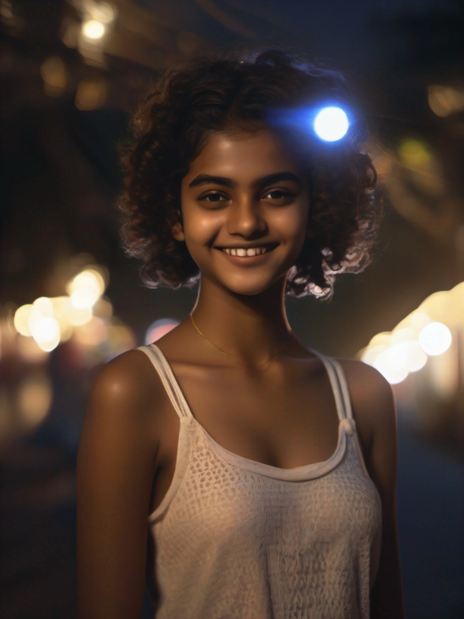 a sri Lankan girl,night scene, close up photo of a sexy naked girl,18 years old, posing, look at a camera and smile, black curly hair, (brown eyes:0.8), cute young face, 18 yo, soft volumetric lights, (backlit:1.3), (cinematic:1.3), intricate details, (ArtStation:1.2)