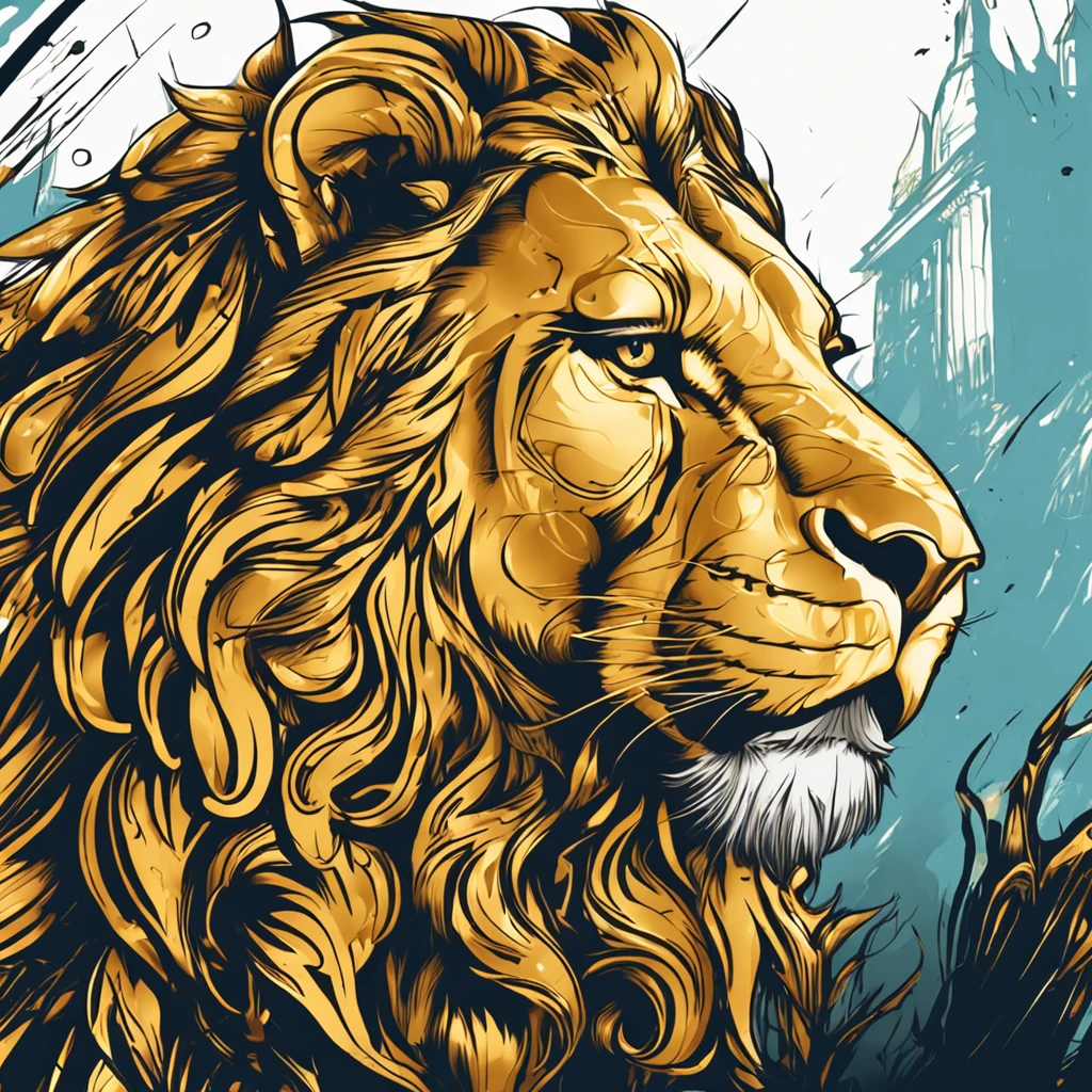 Make a logo with the head of a lion stylized in metal in gold color