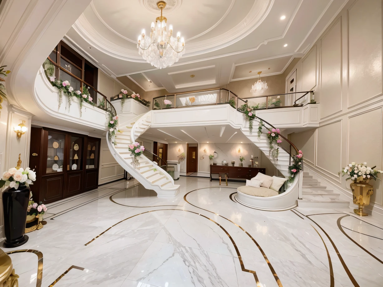 ，masterpiece, best quality，8k, ultra highres，Reallightandshadow，（Realiy，realisticlying)，Step into this duplex suite，It's like entering a fantasy fairy tale world。The living room on the first floor is spacious and bright，Floor-to-ceiling windows are private courtyards，Flowers and trees show the beauty of nature。Go up the spiral staircase to the second floor，The bedroom is like a fairyland，The bed is covered with soft fleece blankets，Wedding lights are gently focused on a huge romantic bouquet。Open the marble bathroom door in the bedroom，Spa bathtubs and crystal chandeliers mingle，It's intoxicating。Every detail is full of luxury and romance，Make people feel like they are in the clouds，Exciting，Can't resist this luxurious duplex suite。