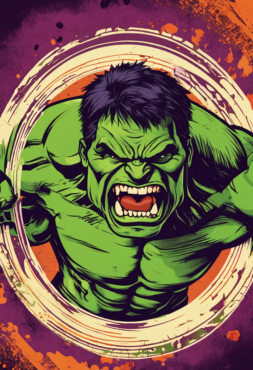 "The Incredible Hulk unleashing furious anger, vibrant and striking colors, unique vector-style t-shirt design featuring a captivating circular print format."