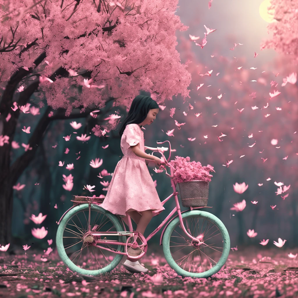 a young girl wearing a shirt with a sakura leaves, she has come to believe that the world is made of things.Her true colors are fading fast and she is afraid to walk through it again.She rides a white bicycle made of flowers and straws, laughing.