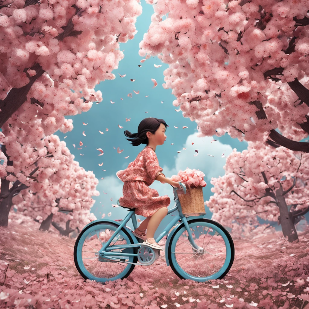 a young girl wearing a shirt with a sakura leaves, she has come to believe that the world is made of things.Her true colors are fading fast and she is afraid to walk through it again.She rides a white bicycle made of flowers and straws, laughing.