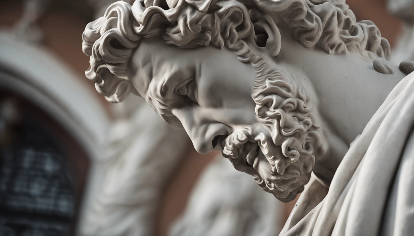 A carefully detailed realistic Greek white marble statue of Marcus Aurelius wearing a ghostly toga, fundo sombrio, Moody, , fotorrealista, Jantar de cinema atencioso, super detalhada, Hiper realista, pouca luz, 8k