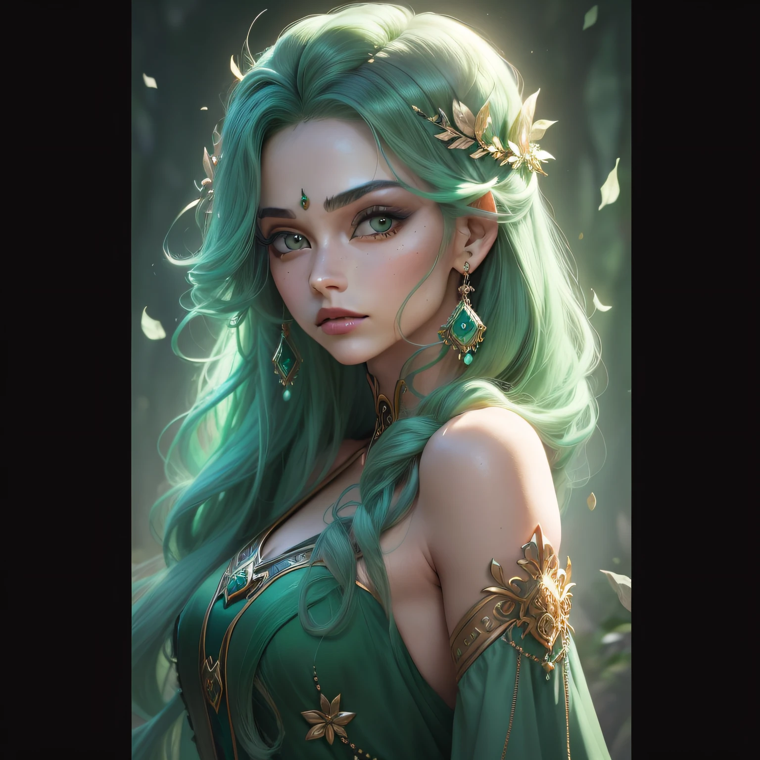 Full-length mythological fairy with her( ( olhos e cabelos Jade - Cor Verde) ) , she has a beauty blessed by the Goddess of Love and Beauty, ( ( vinte - oito anos) ) , ( ( ( jade verde Cabelos coloridos) ) ) , Slavic characteristics, rosto delicado, symmetrical green eyes, ( ( ( verde jade Sobrancelhas coloridas) ) , innocent expression, slightly pink lips, maquiagem leve do rosto, cabelos longos ondulados, cabelos ondulados, Ela usa um vestido preto com ornamentos dourados, proportion Aurea, Fibonacci index, texturas delicadamente detalhadas, symmetrical face, raytraced global lighting, ( jade verde Cabelos coloridos) , ( jade verde Olhos coloridos) , Corpo bonito, Ultra 2160p resolution, ultra detalhado, Texturas Raytraced, ilumação global, occlusion environment, Ultra HD |, ultra detalhado, ray tracing, ilumação global, 2160p resolution