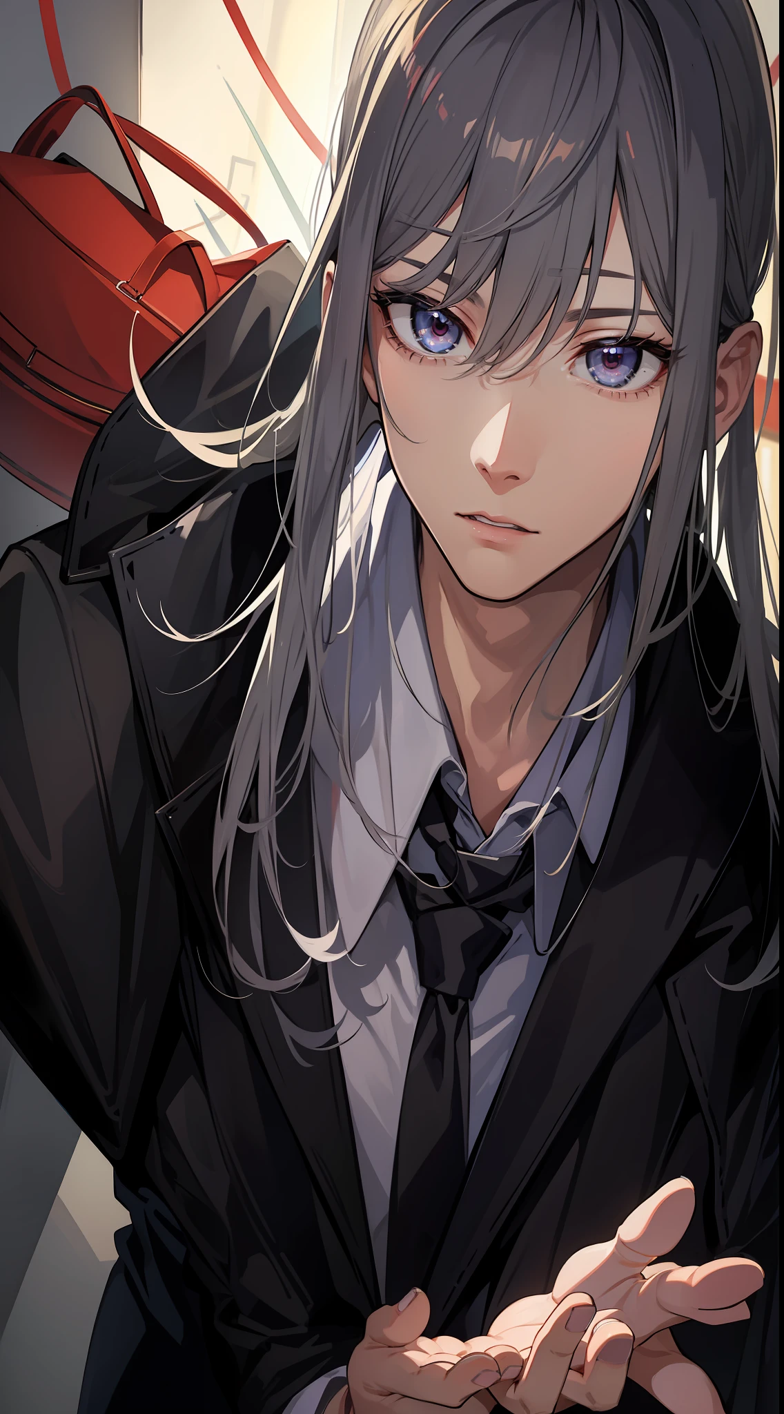 "A high resolution, 4K, Handsome and handsome"年轻,Gray hair,eyes glowing,Badges,exploit,城市