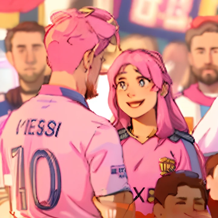 araffes and a woman in pink shirts are standing in front of a crowd, messi as a viking, simona sbaffi is the captain, looking happy, they are close to each other, they are in love, inspired by Leo Michelson, she is smiling and excited, intense smoldering, smug look, celebrity, she is smiling