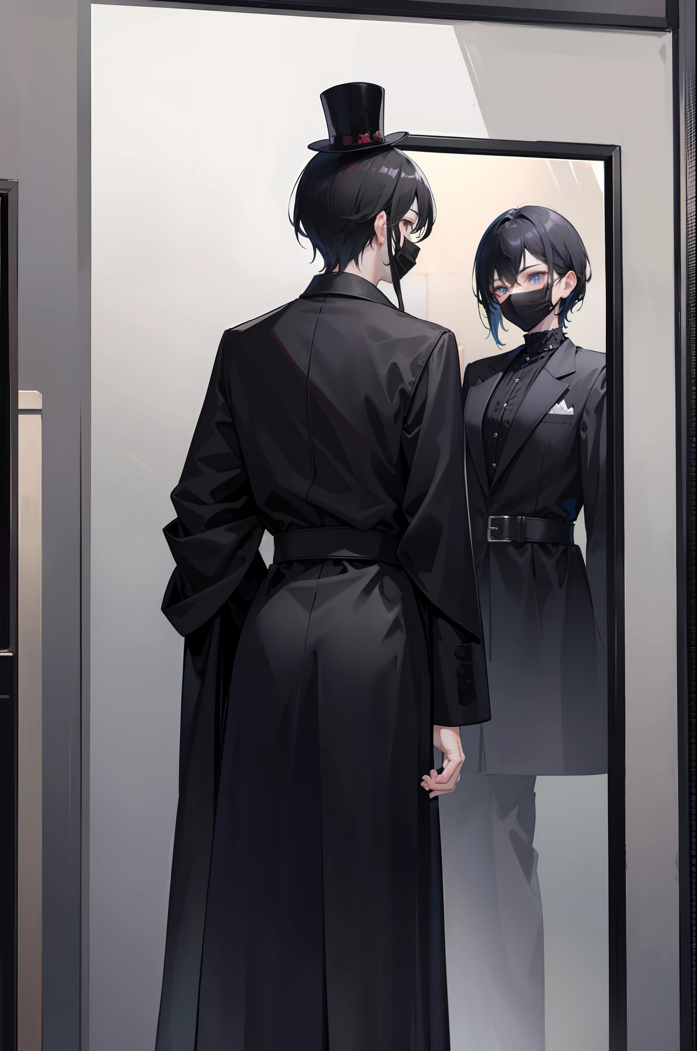 In the mirror there is a man looking at himself, full body profile, , 8k photograph, Male ulzzang,High-quality camera photos, high-quality photo, dressed in a black coat, Handsome black coat, wearing long black robe,Wearing a solid black mask,Wearing a black top hat,frontal photos,frontal photos,frontal photos,Unreadable face