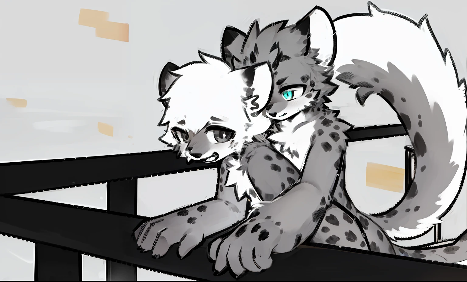 There was a cat and a cat sitting on a bench, mostly greyscale, commission on furaffinity, professional furry drawing, furry furaffinity, furaffinity commission, sib, Furry art!!!, SFW version, fursona art, POV furry art, very very beautiful furry art, fursona!!!!, escala cinza, hyena fursona