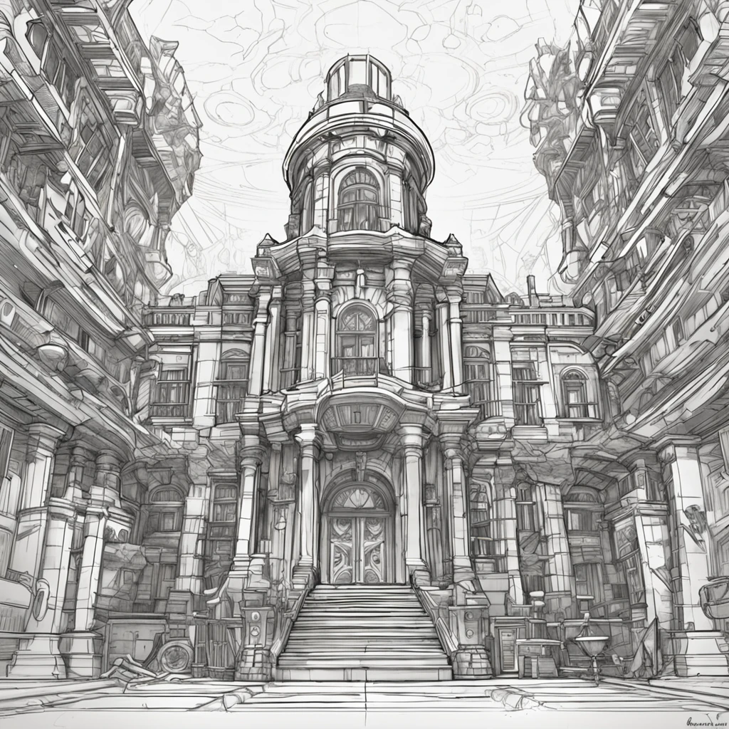 arafed drawing of a building with a clock tower and a staircase, concept art inspired by senior environment artist, Artstation contest winner, serial art, symmetric concept art, extremely detailed linework, senior concept artist, scenery art detailed, highly detailed linework, scenery artwork, exterior of scifi temple, concept art highly detailed, elven palace of ghemathar