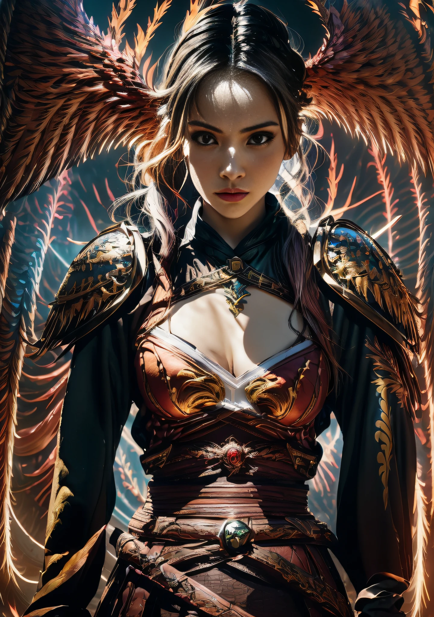 Design a ((girl)) character who is a Phoenix Assasin and has a strong sense of justice. Assasin armor, stylish and unique. Taking 2 Karambit knifes. Volumetric lighting, realism BREAK (masterpiece:1.2), (best quality), 4k, ultra-detailed, (dynamic composition: 1.4), high detailed, colorful details, (gloomy colors: 1.2), (luminous lighting, atmospheric lighting), gloomy, magical, (solo:1.3), (((glove full hands))), (((Phoenix Warrior))), (Phoenix wings on shoulders)