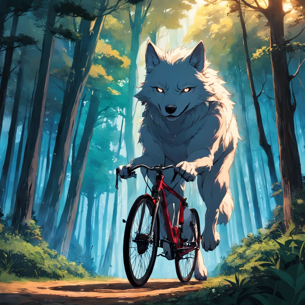 imagine um lobo que ande em cima de uma bicicleta em uma floresta a noite , que olhe a lua e intensamente