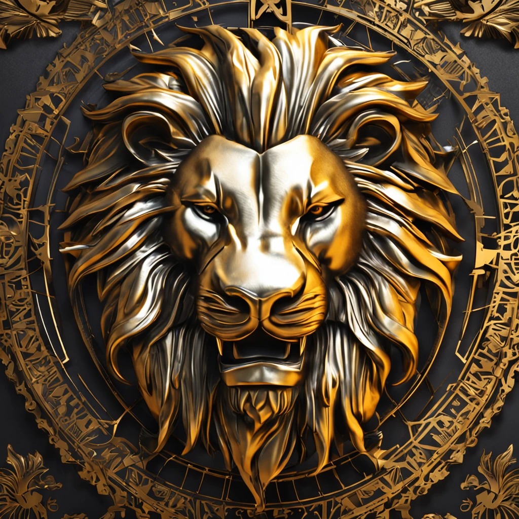 Make a logo with the head of a lion stylized in metal in gold color