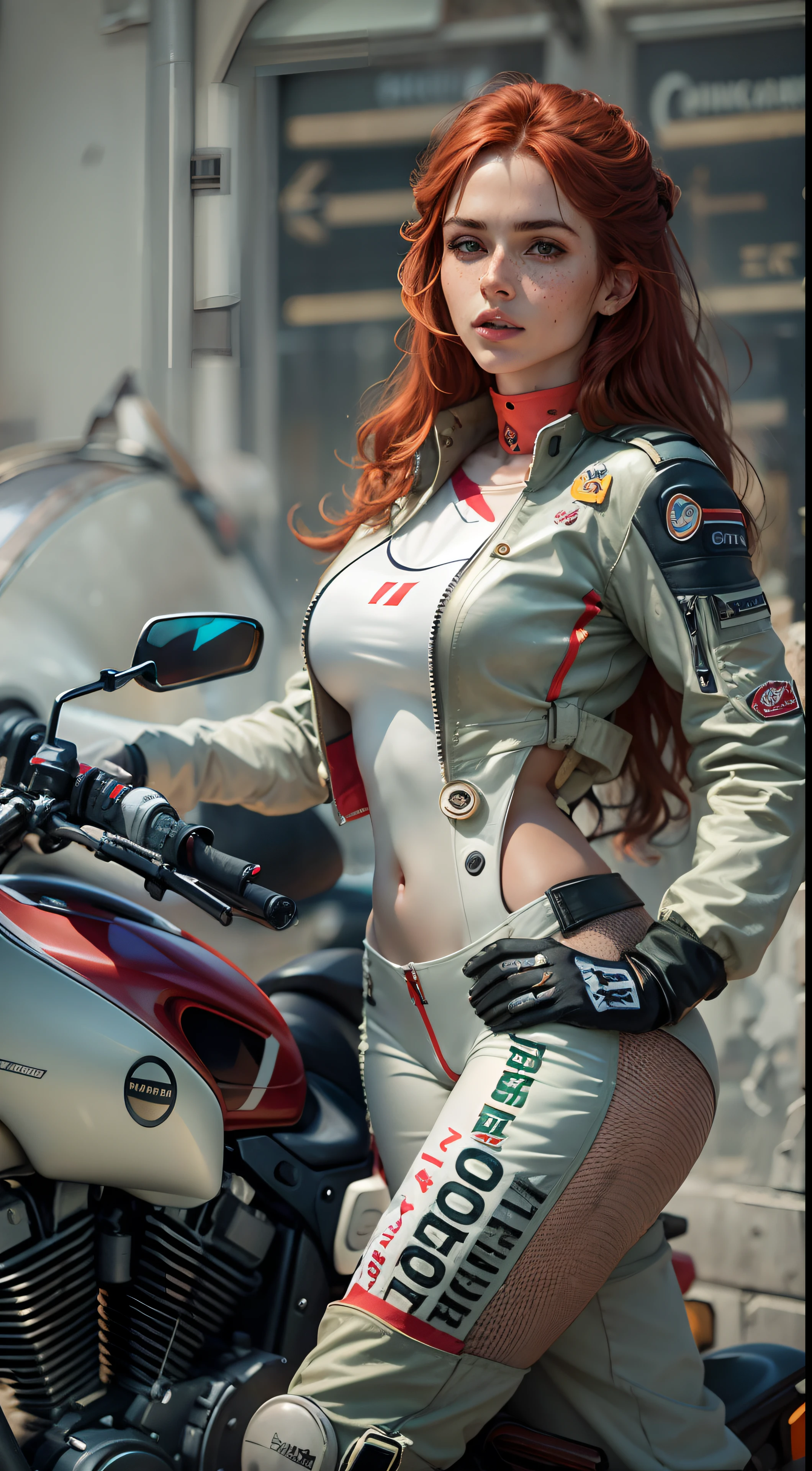 hard breasts, redhead, red hair, freckles, long straight hair, European youth, perfect body, (perfect body), motorbike pilot suit, fashion photorealism, photography, sharpness, unique 850 4, koda850 k portrait camera, f1.6 lens, rich color, hyperrealistic texture, spectacular light texture, surreal art, Cinestil 800 fashion mechanism, full body view